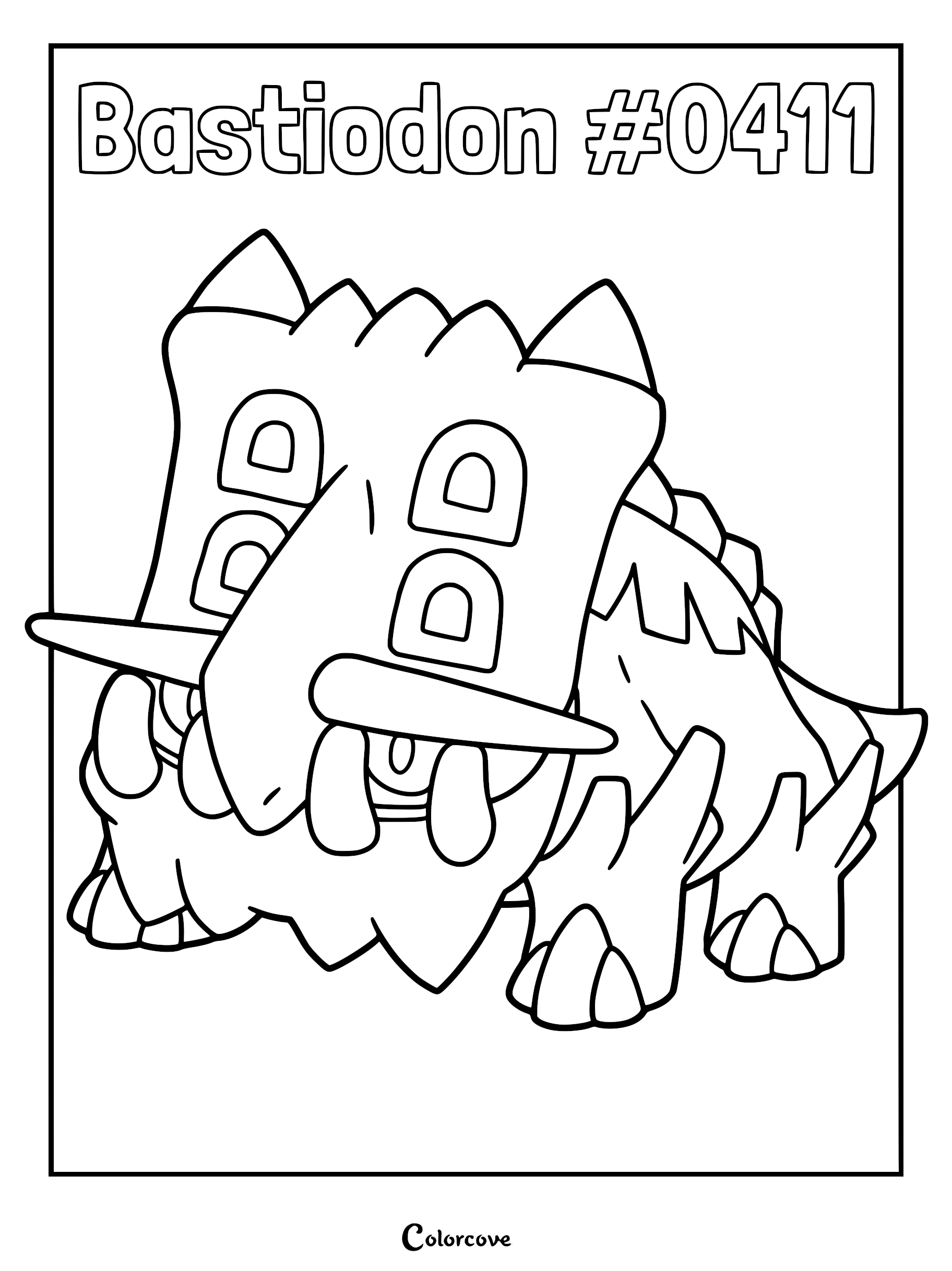 A detailed Bastiodon coloring page featuring the shield-faced Pokemon with its signature flat face and tusks.