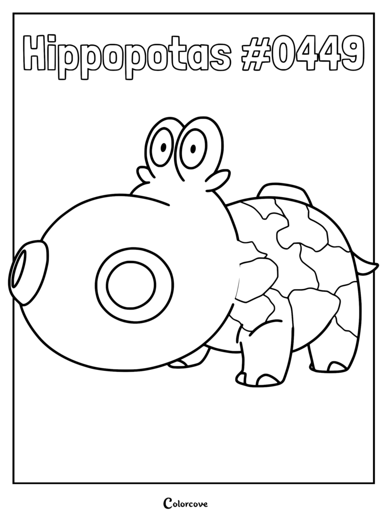 Hippopotas #0449 standing in profile view with distinct spotted patterns on its back, featured in a clean line art coloring page.
