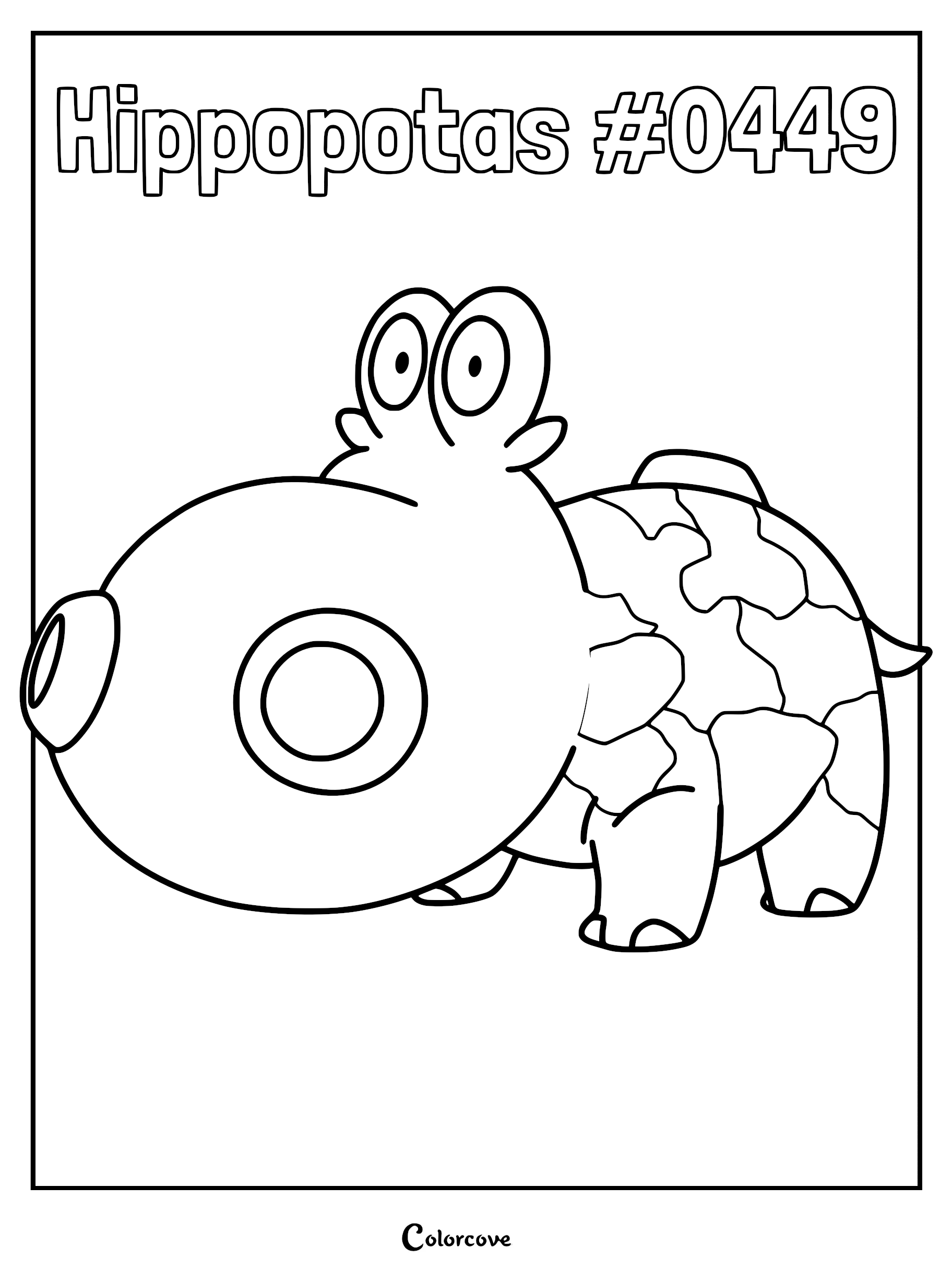 Hippopotas #0449 standing in profile view with distinct spotted patterns on its back, featured in a clean line art coloring page.