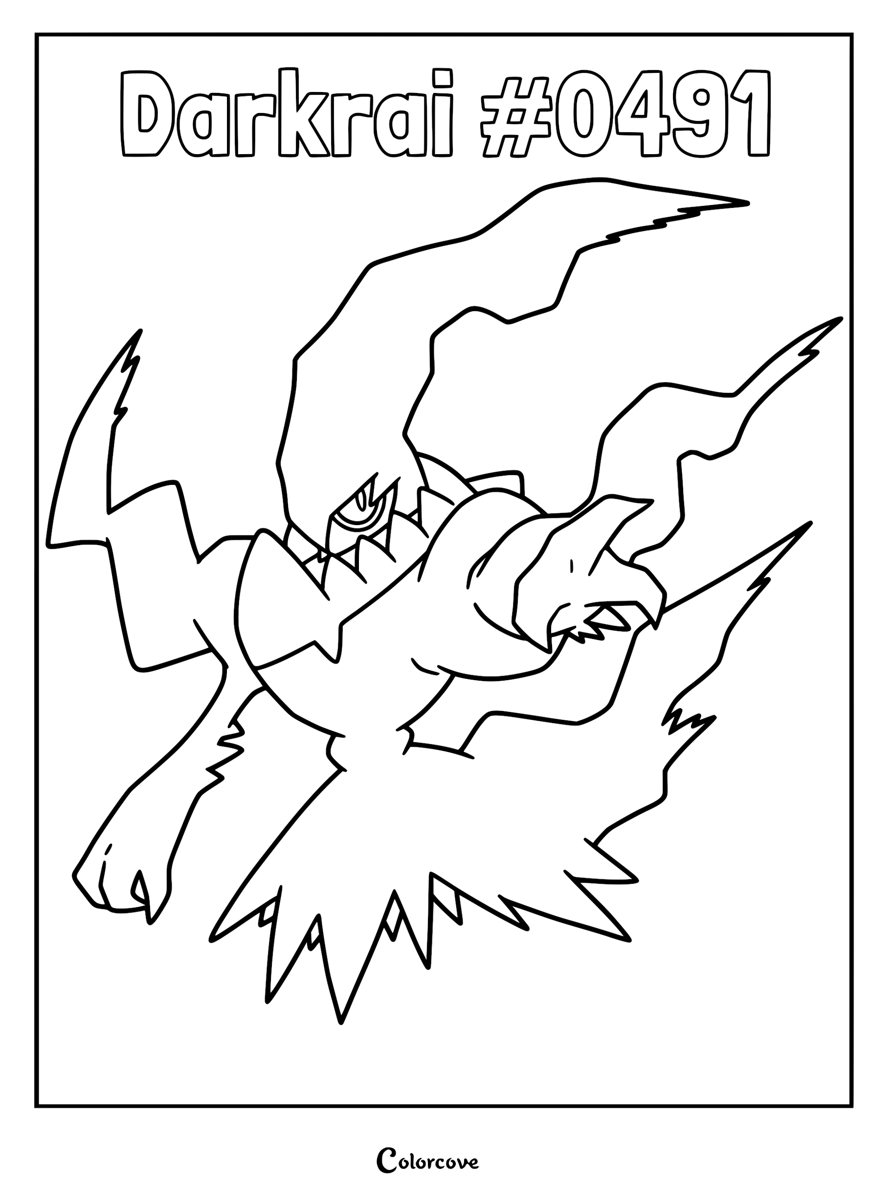 Darkrai #0491 floating in a dynamic pose with jagged shadows and sharp features on this printable coloring page.