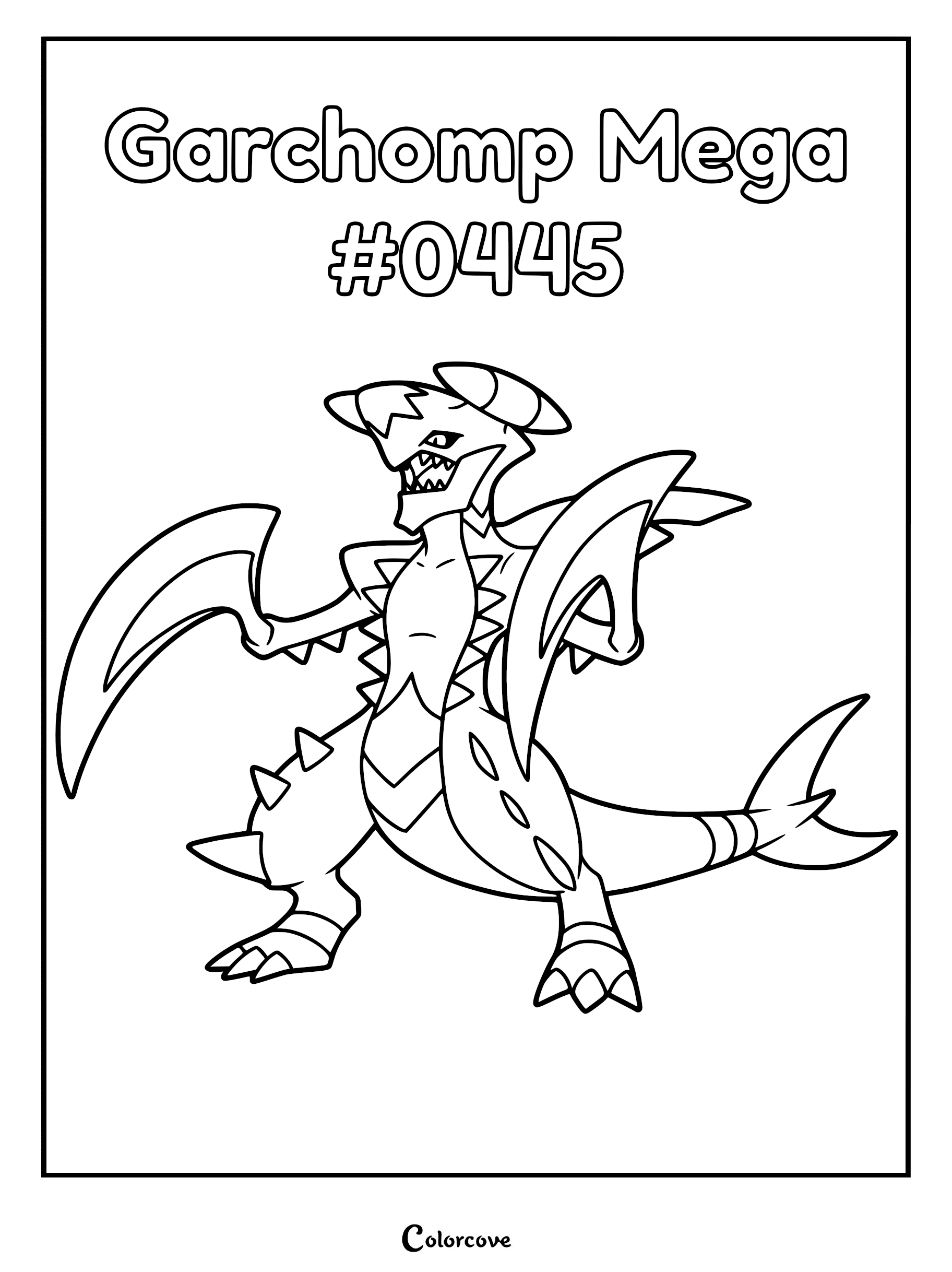 Mega Garchomp with scythe-like arms and sharp teeth in a printable coloring page format.