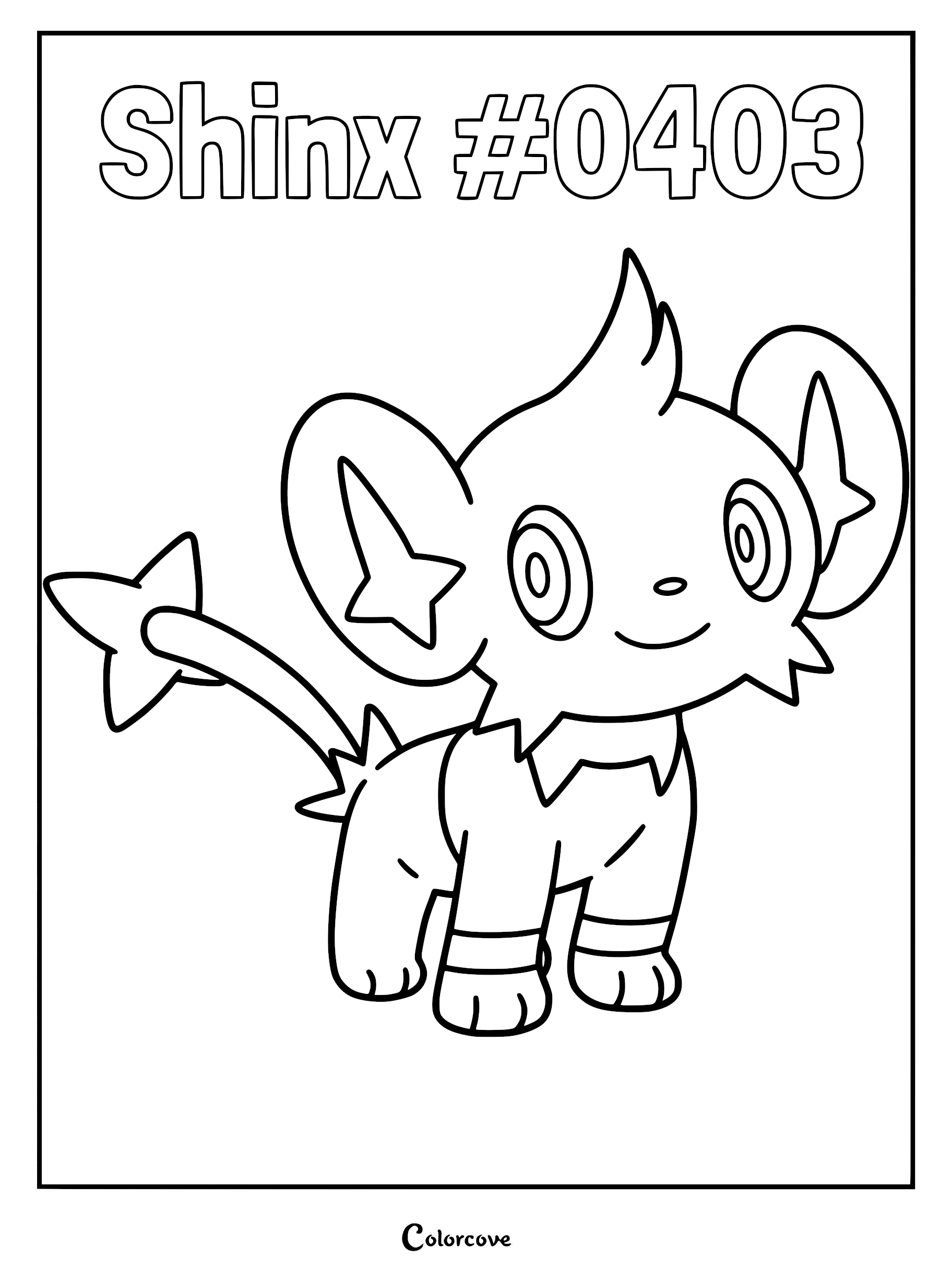 A printable Shinx coloring page featuring the Sinnoh region electric-type Pokemon with its signature star-shaped tail and large ears.