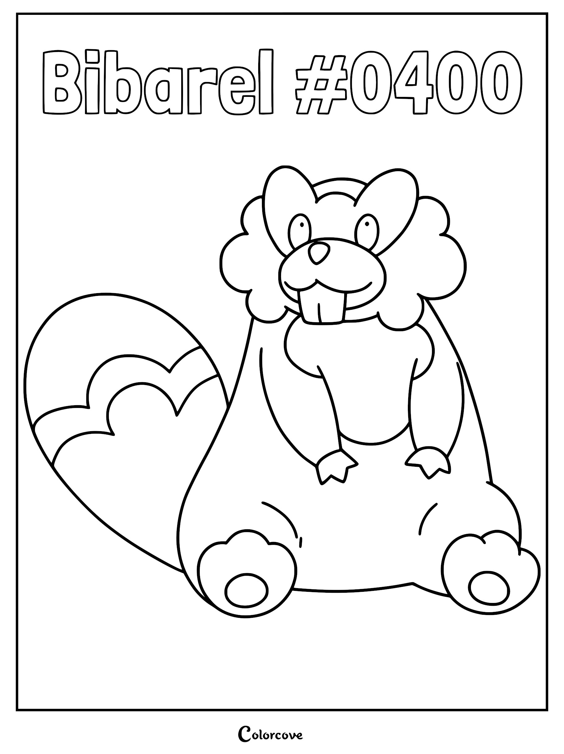 Bibarel Pokemon #0400 line art coloring page featuring the beaver-like creature sitting with its large tail visible
