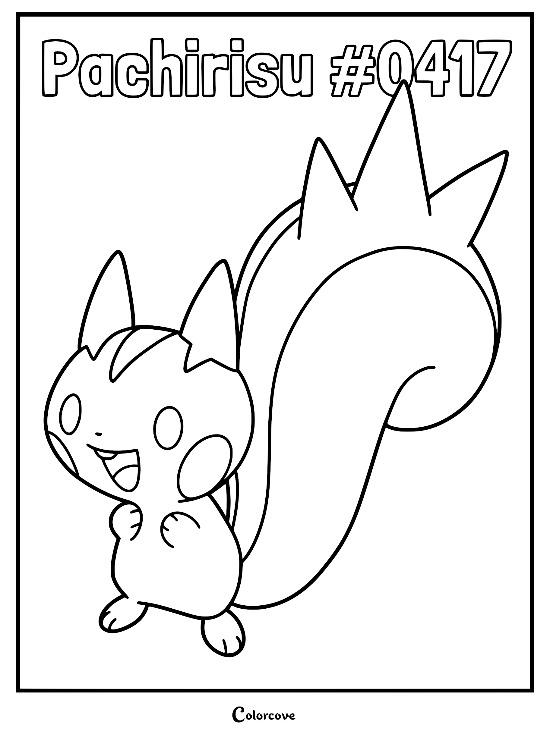 Pachirisu #0417 standing with a large spiky tail in this printable coloring page.