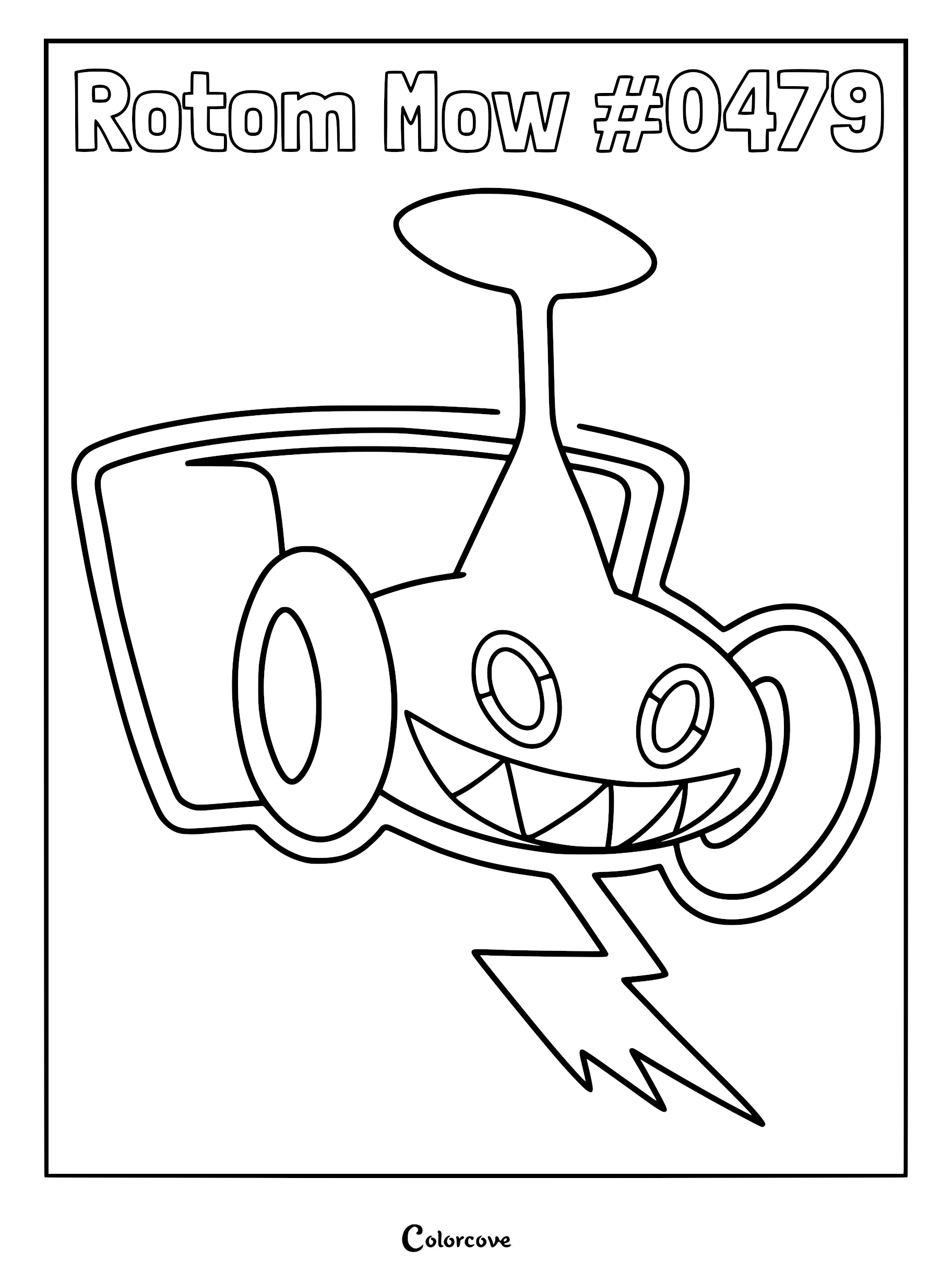 Rotom Mow in its lawnmower form with a lightning bolt tail on a printable coloring page