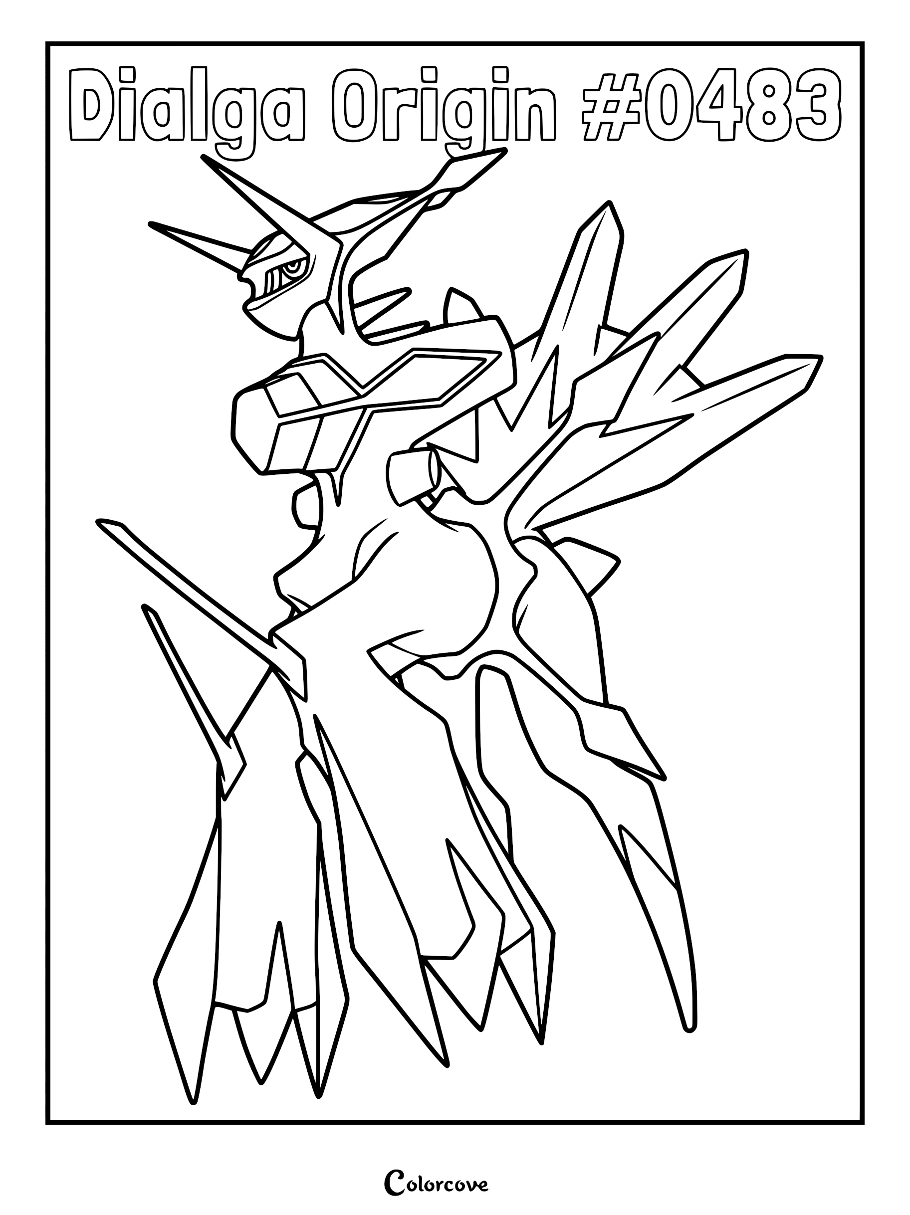 Dialga Origin Forme #0483 standing in a powerful pose on a printable coloring page.
