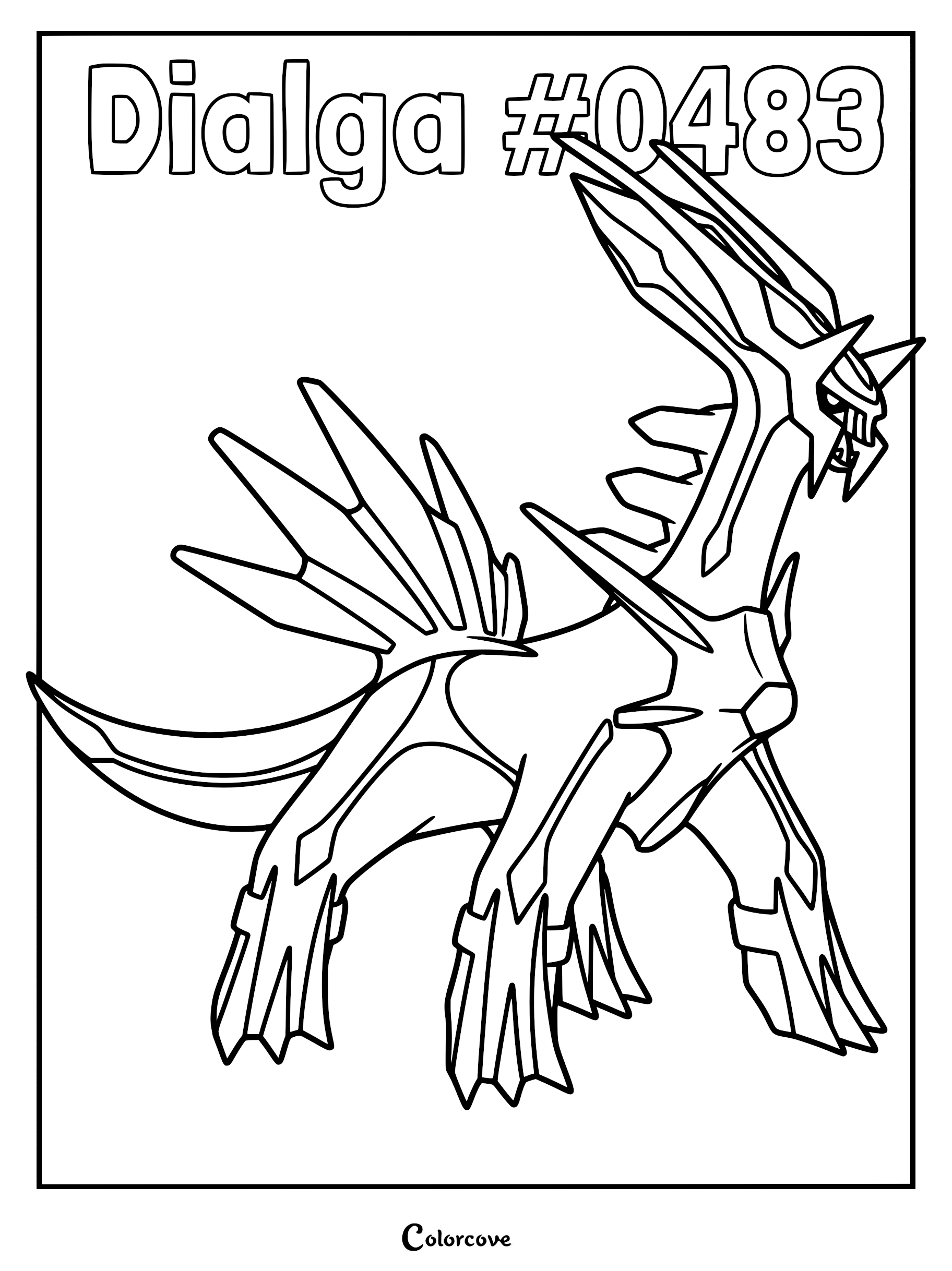 Dialga #0483 standing in a powerful pose on a printable coloring page