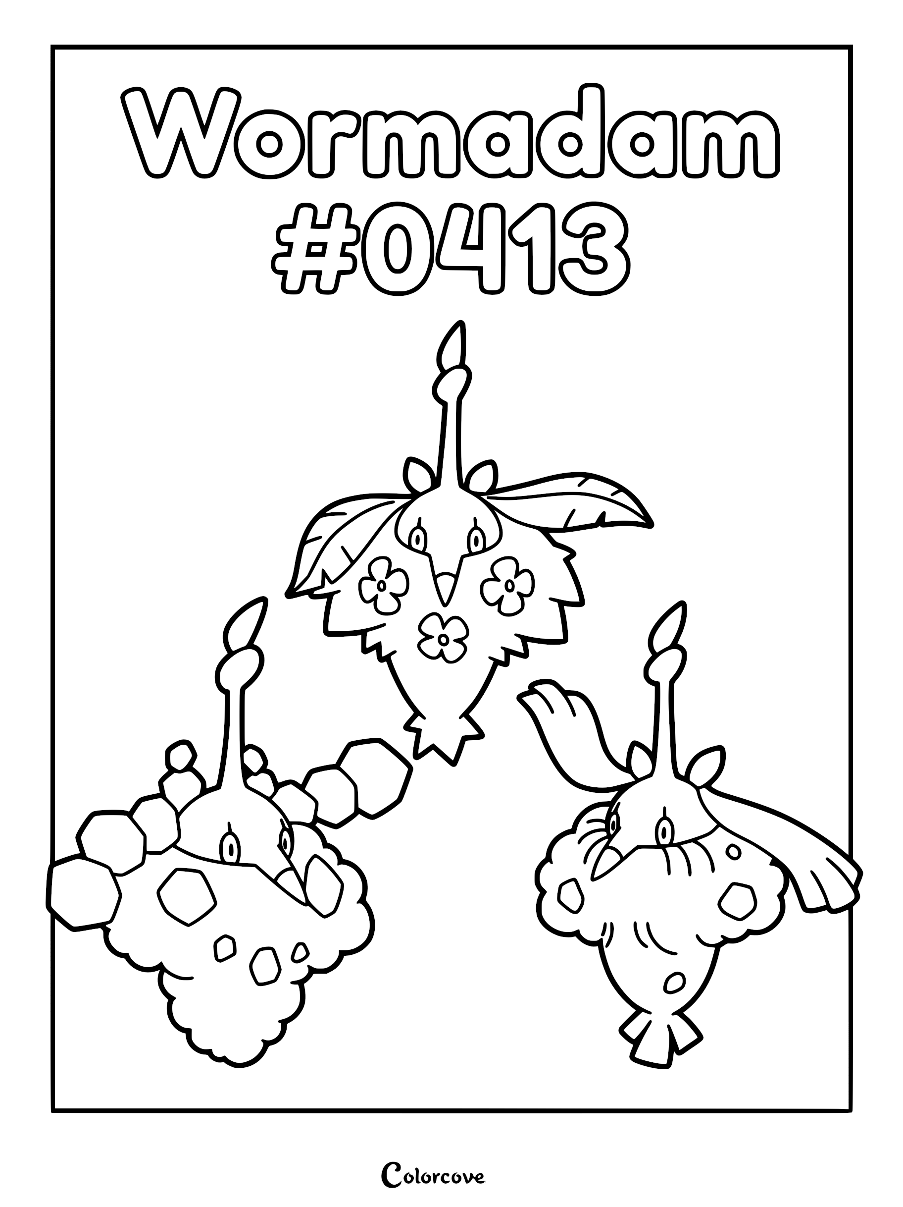 Wormadam Plant, Sandy, and Trash Cloak forms in a printable coloring page.