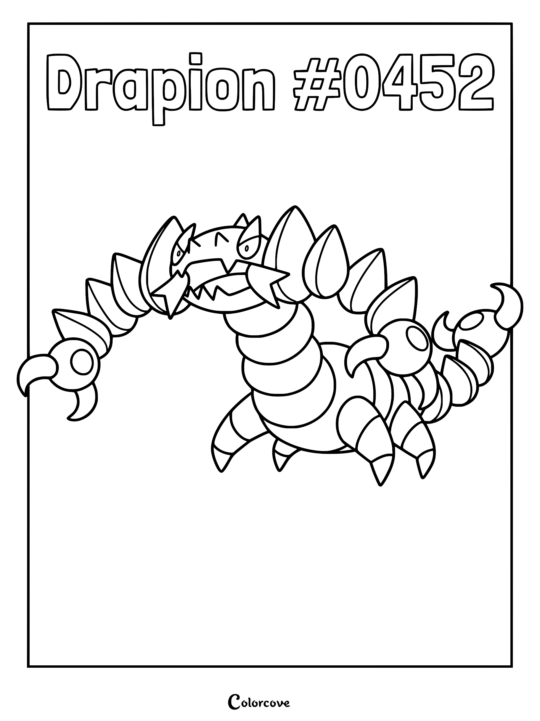 Drapion #0452 from Sinnoh region shown in a detailed black and white line art coloring page with sharp claws and segmented tail.