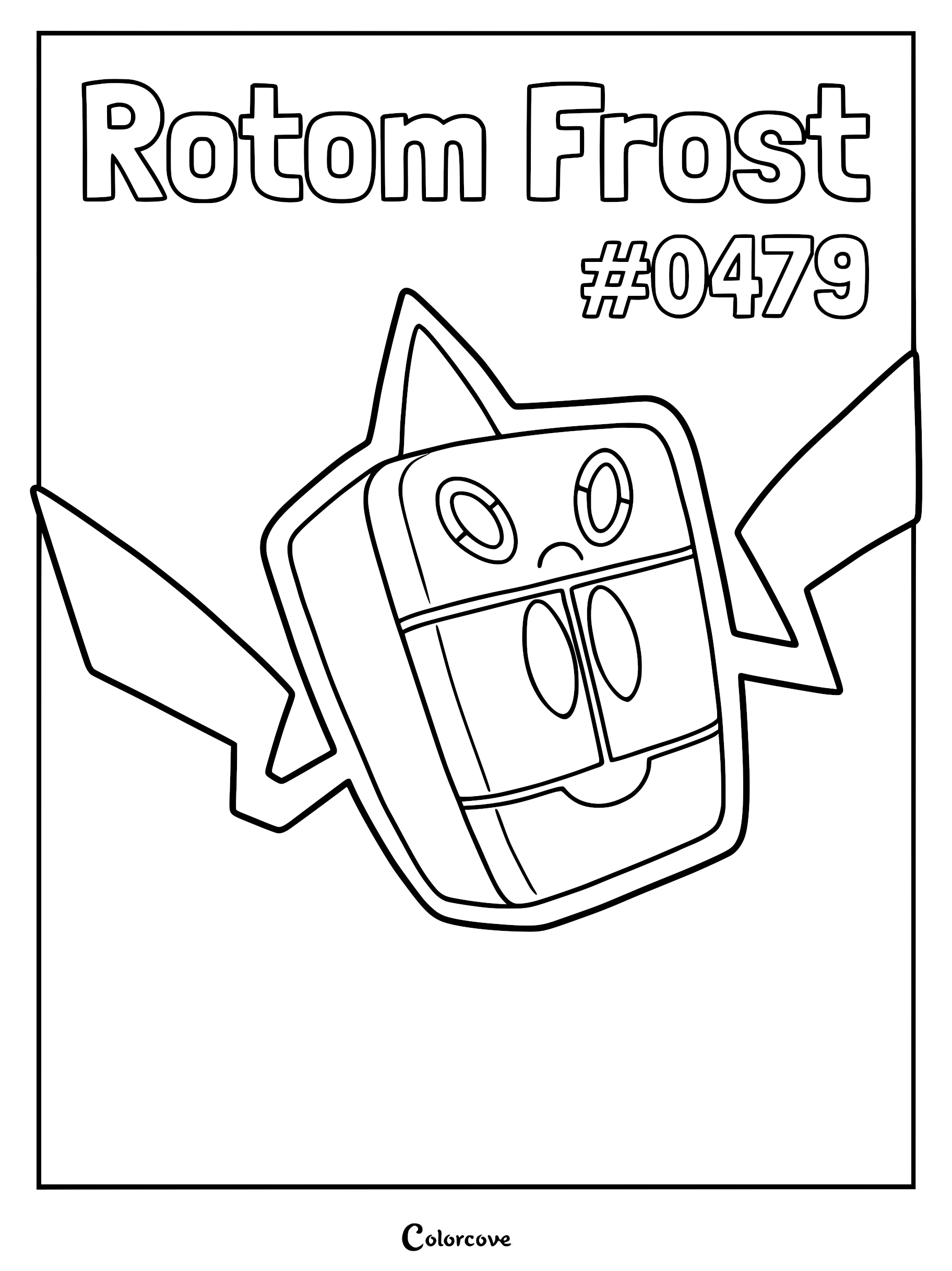 A printable coloring page featuring the Sinnoh Pokemon Rotom Frost in its refrigerator form with sharp lightning bolt arms.