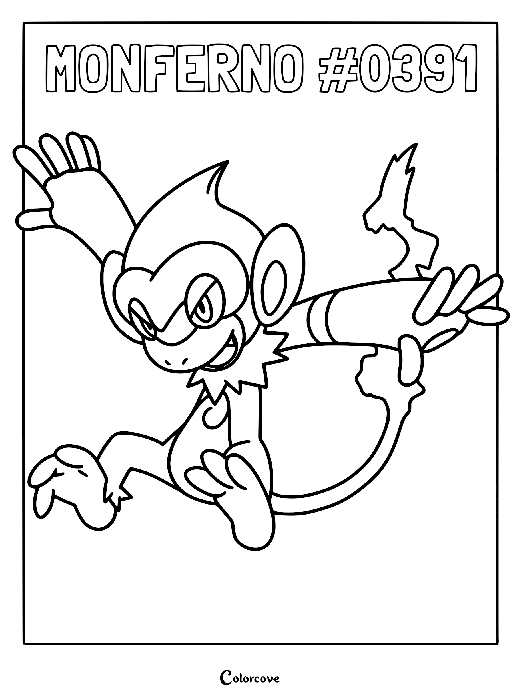 Monferno #0391 in a dynamic leaping pose on a printable coloring page