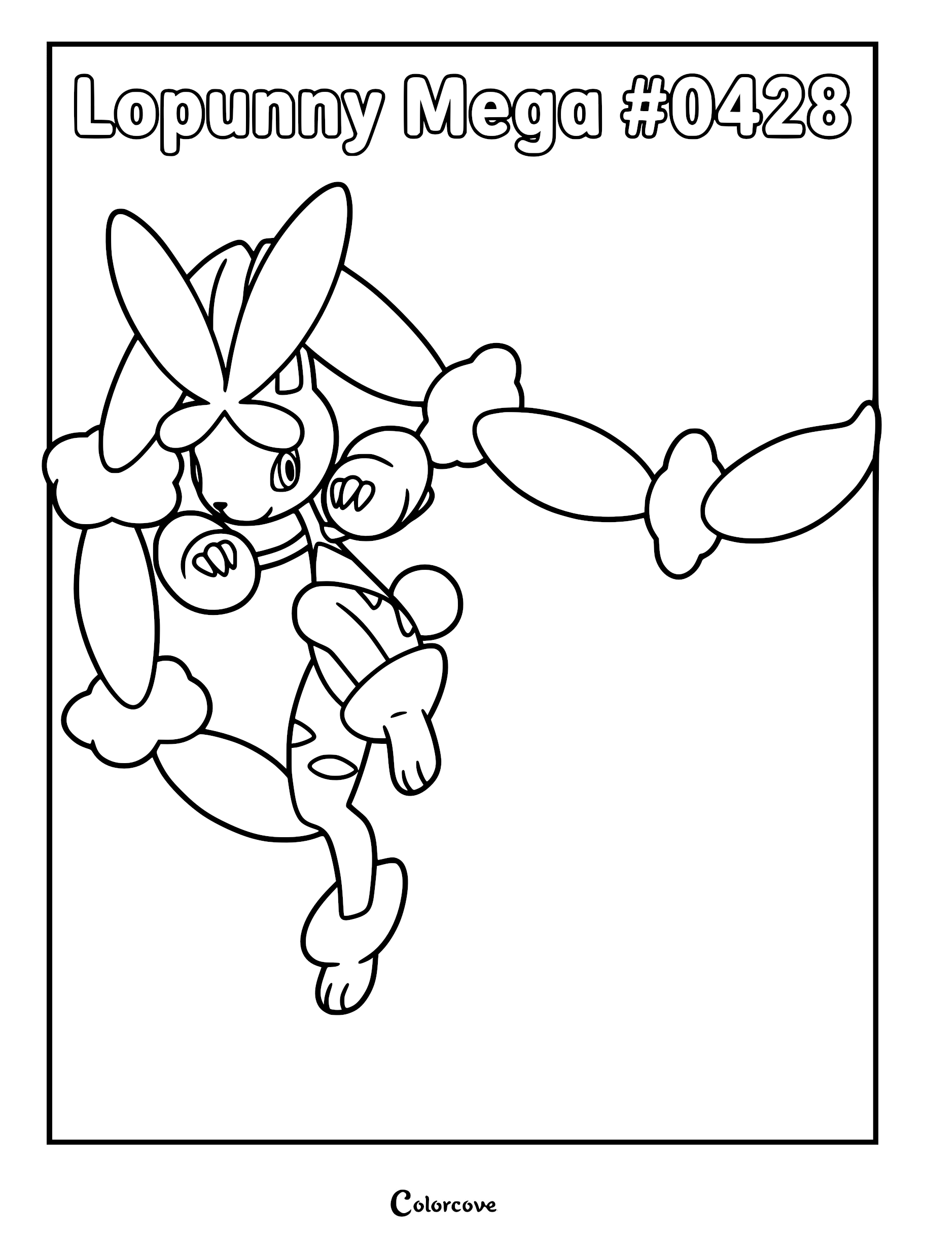 Mega Lopunny in a dynamic kicking pose, printable coloring page featuring the Sinnoh Pokemon.