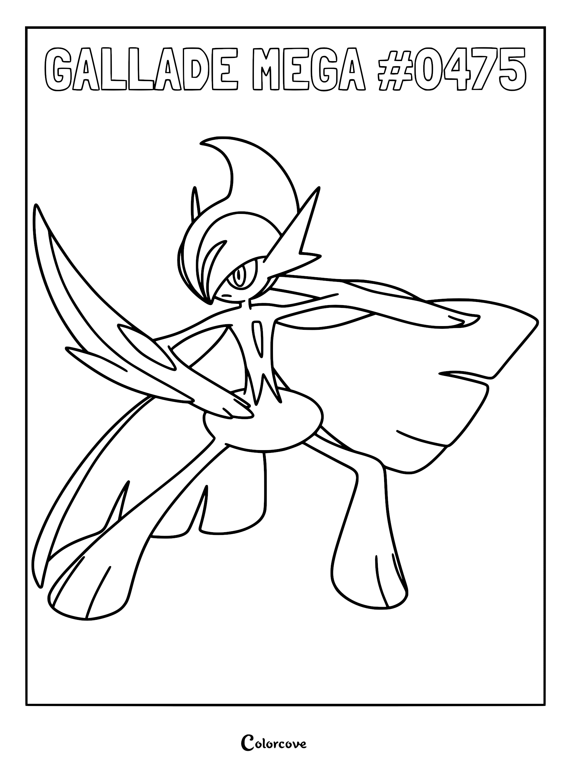 Mega Gallade from Pokemon Sinnoh in a dynamic battle stance with arm blades extended, featured on a printable coloring page.
