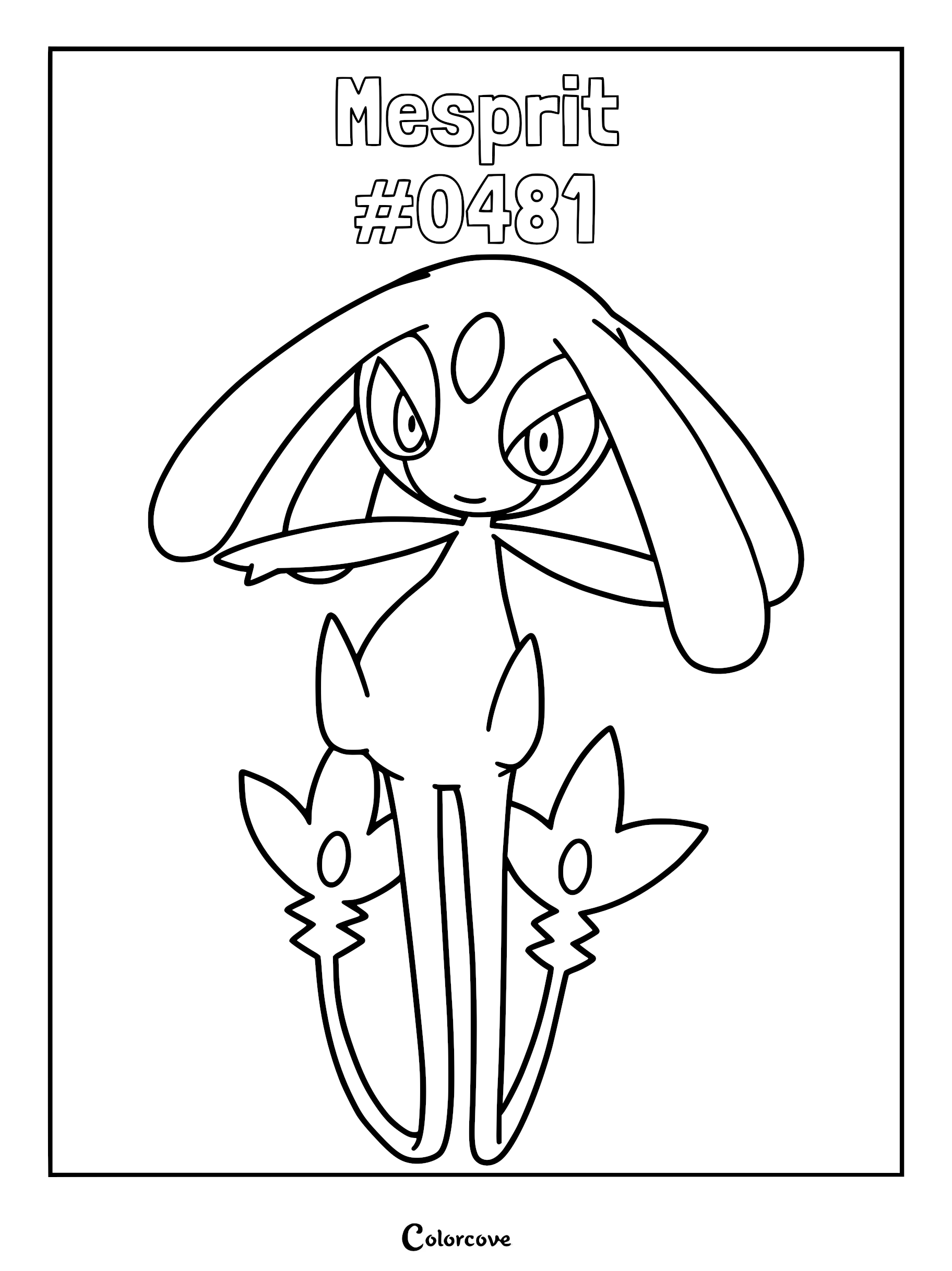 Mesprit Pokemon #0481 line art coloring page featuring the legendary Sinnoh fairy type with long flowing head tails and flower-like tail appendages.