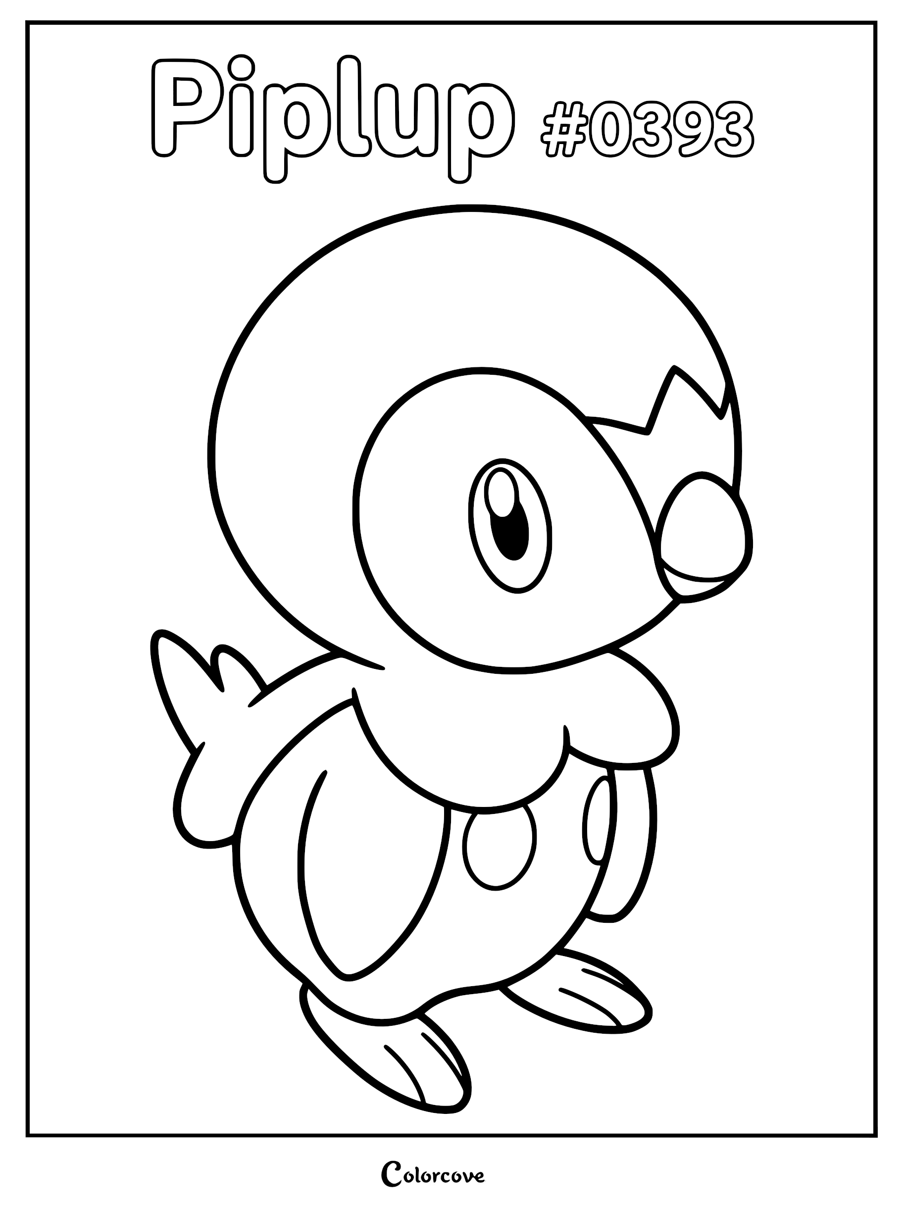 A clean line art coloring page featuring the Sinnoh Pokemon Piplup #0393 standing and looking to the right.