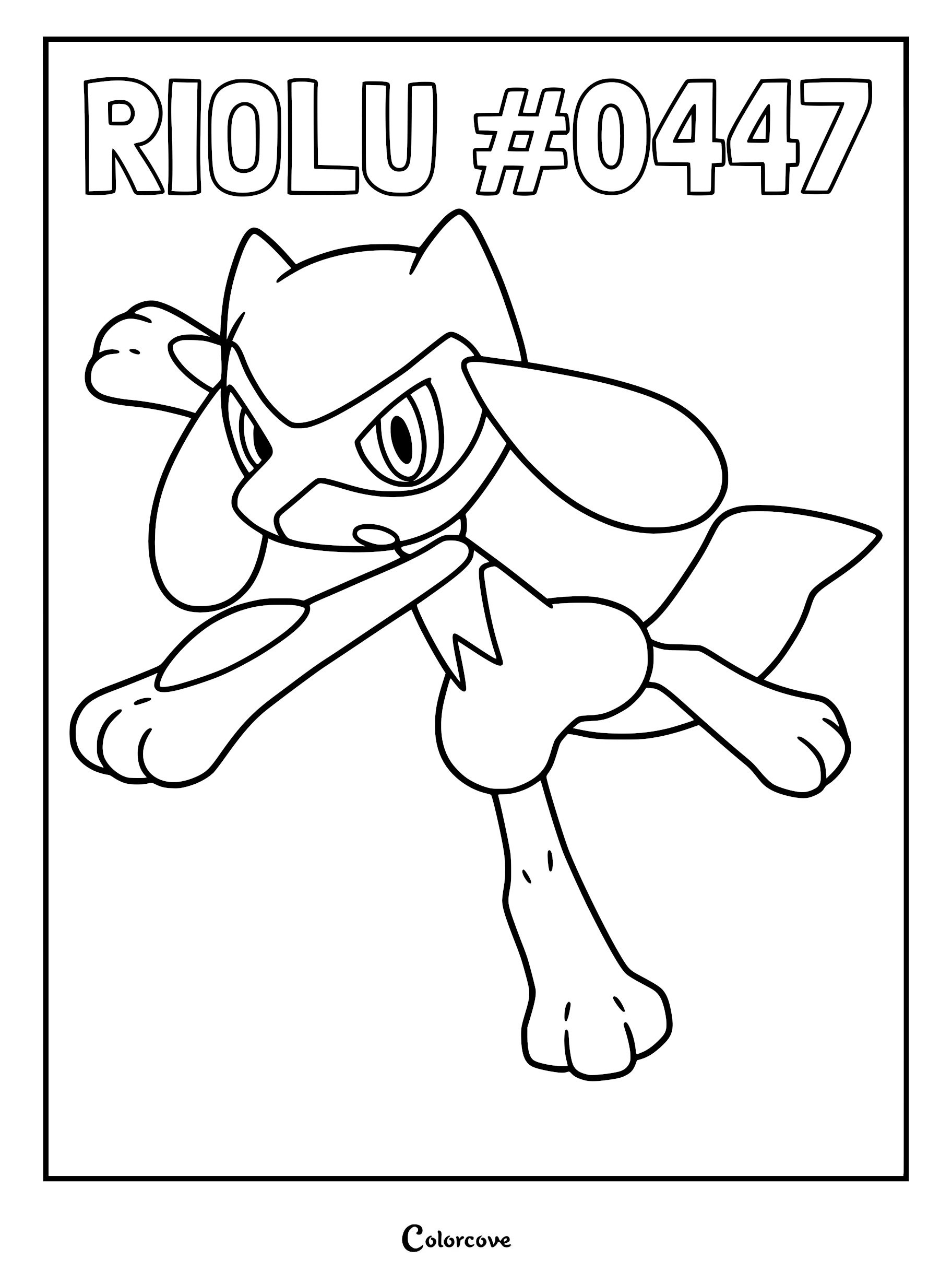 Riolu #0447 in a dynamic fighting stance on a printable coloring page