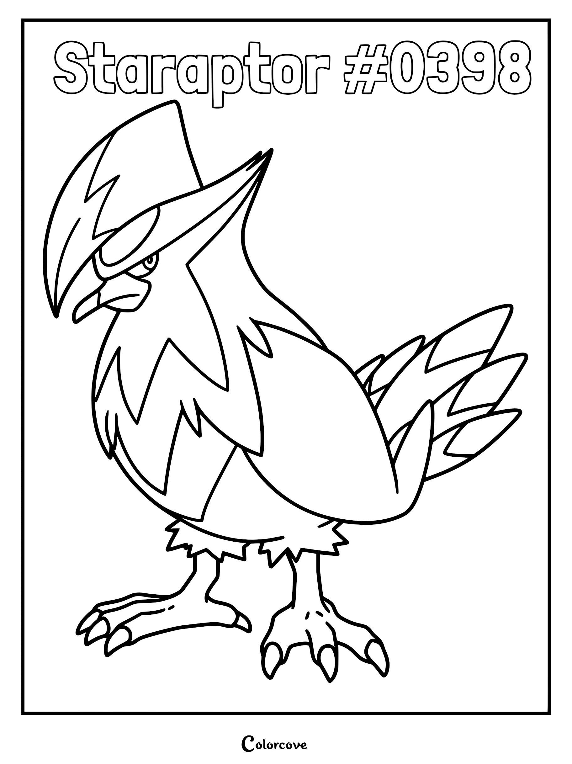 Staraptor standing in a profile view with its signature crest and sharp gaze on a printable coloring page.