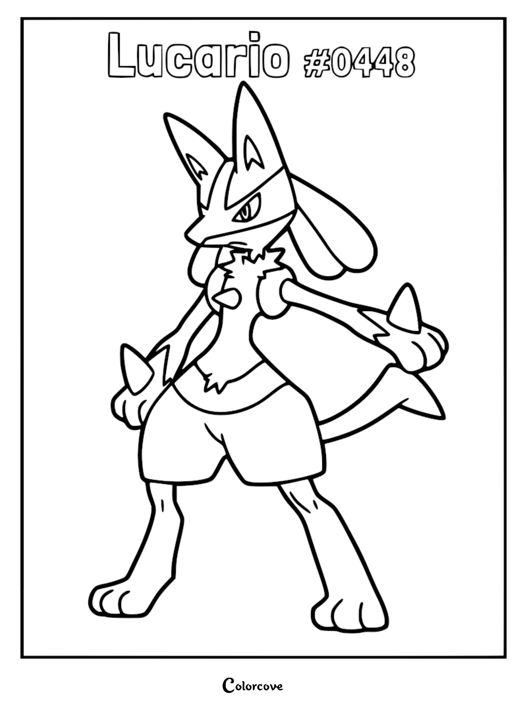 Lucario standing in a battle-ready pose on a printable coloring page
