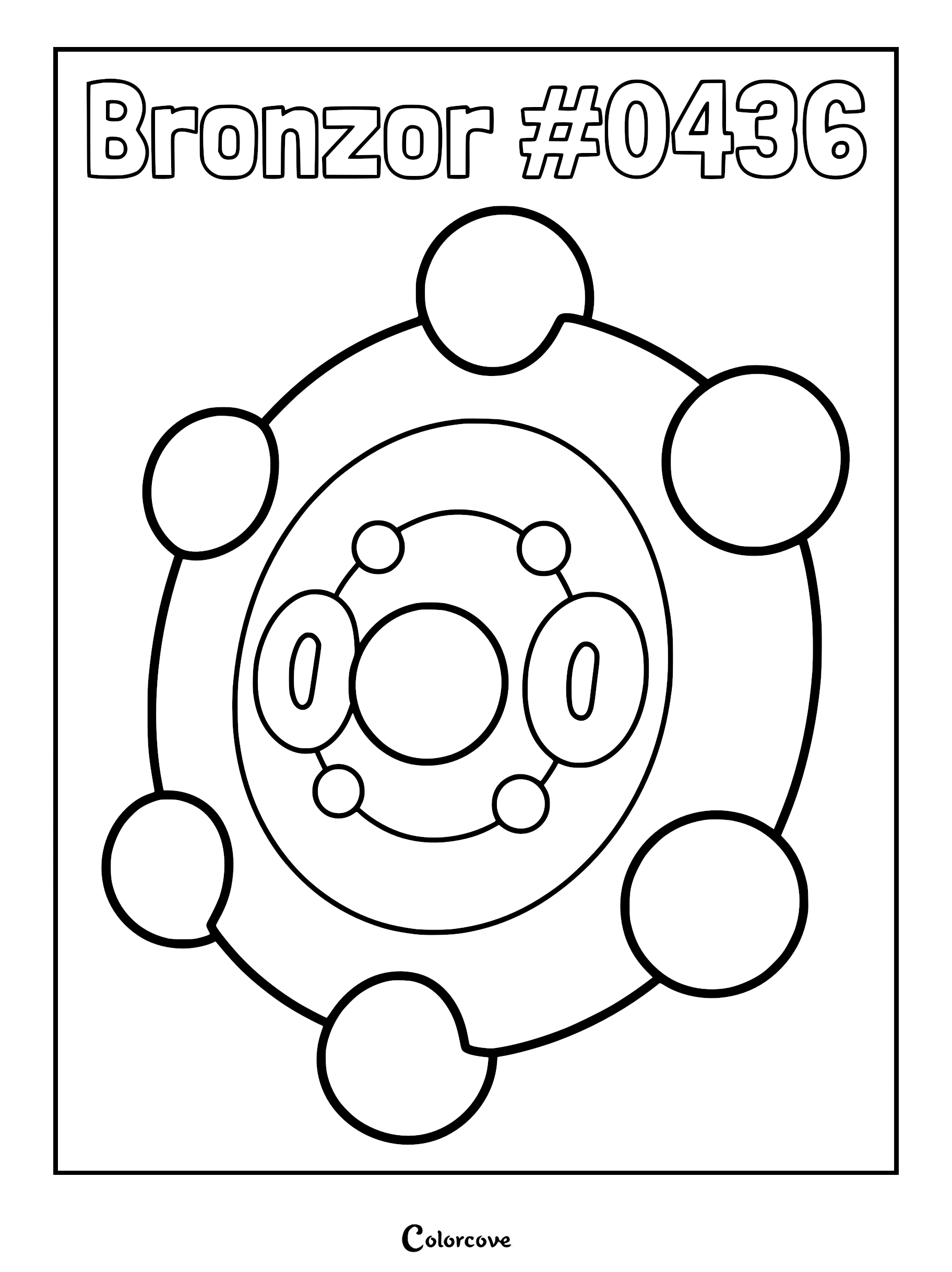A clean line art coloring page of the Sinnoh Pokemon Bronzor featuring its circular body and six outer spheres.