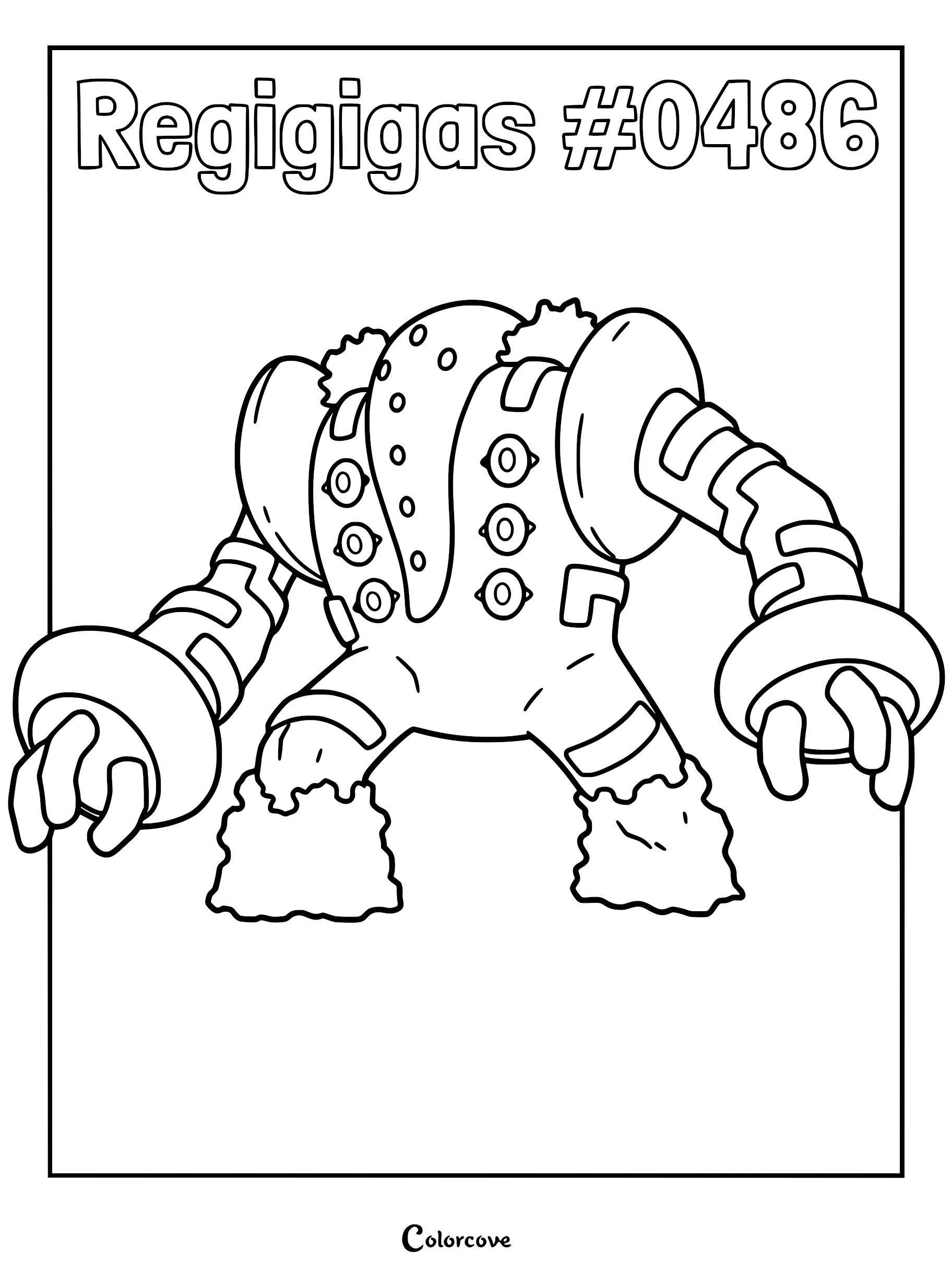 Regigigas standing in a powerful pose on this printable coloring page featuring the legendary Sinnoh Pokemon.