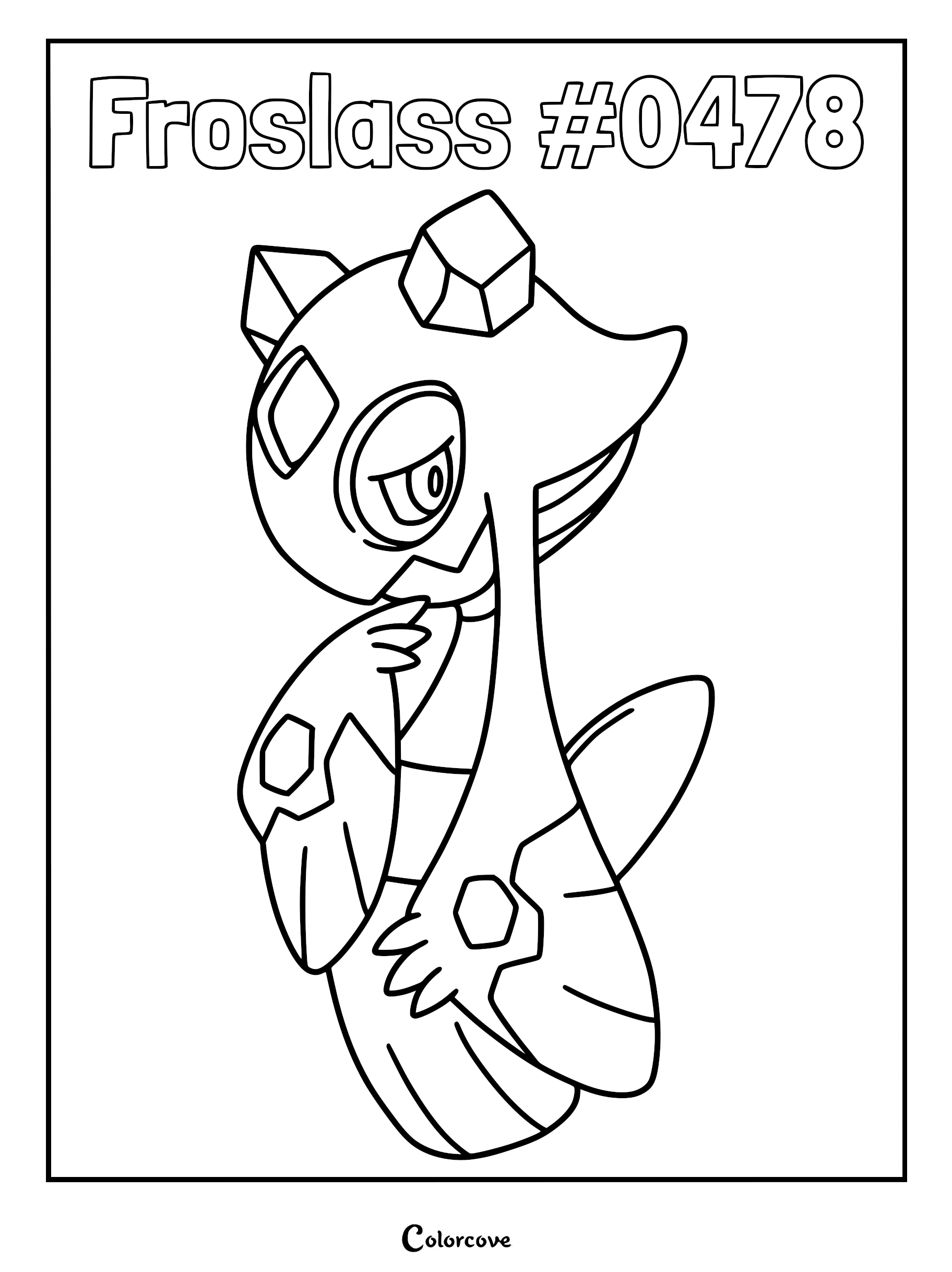 A detailed Froslass coloring page featuring the Sinnoh Ice-type Pokemon with its signature kimono-like body and icy head crystals.