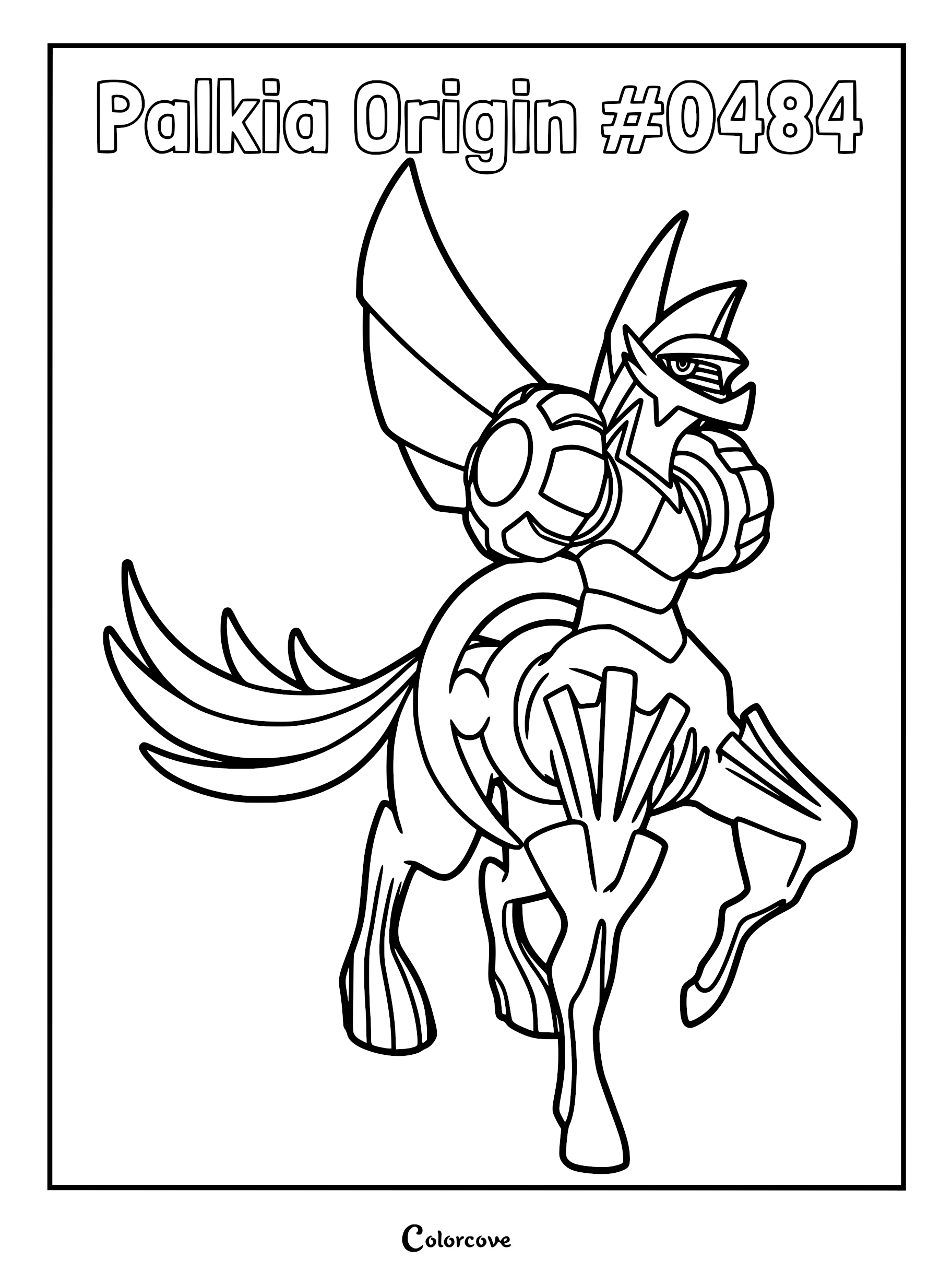 Palkia Origin Forme standing in a dynamic pose, detailed line art coloring page of the legendary Sinnoh Pokemon.