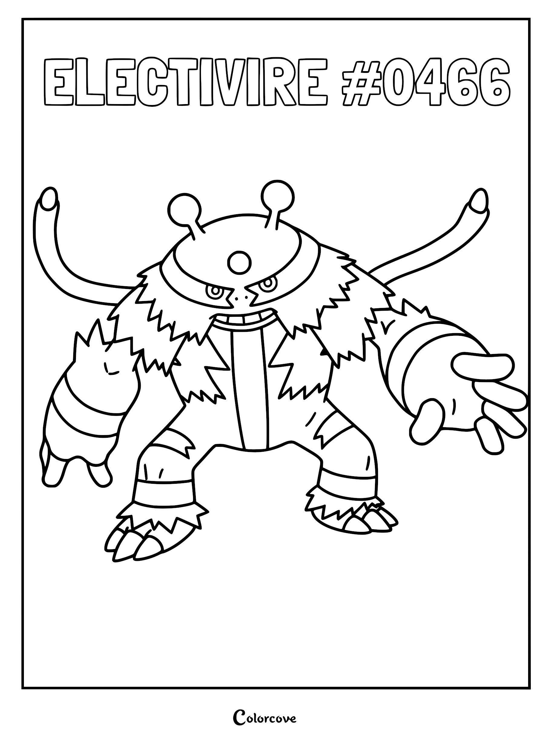 Electivire standing in a dynamic pose with its two tails extended in this printable coloring page.