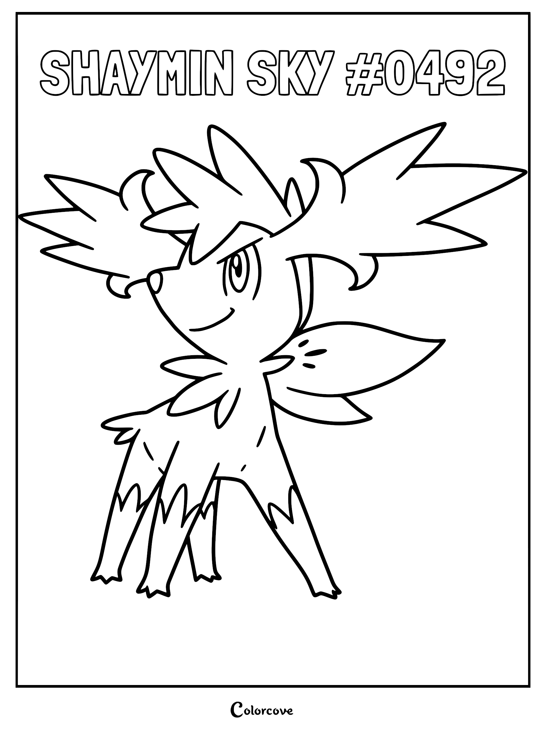 Shaymin Sky Forme with large wing-like ears and slender legs in a printable coloring page format.