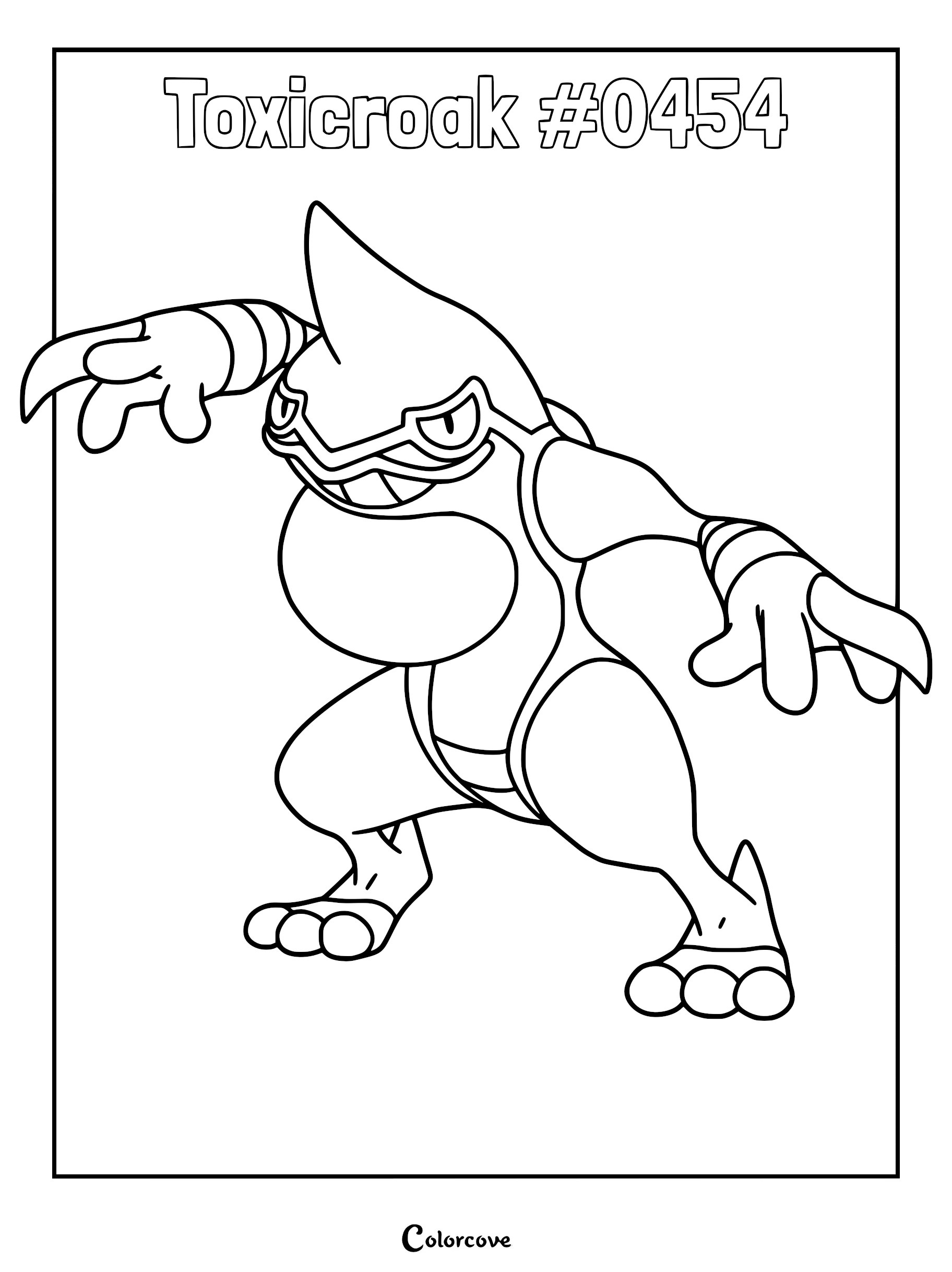 Toxicroak #0454 in a dynamic battle stance on a printable coloring page