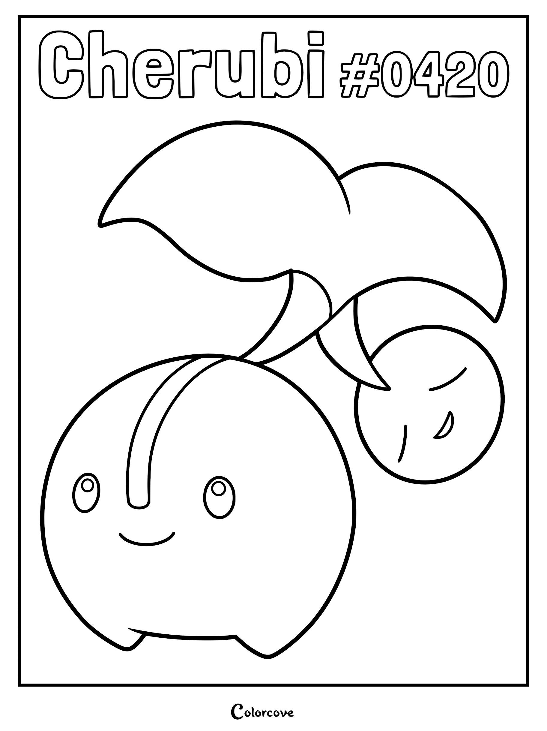 Cherubi #0420 line art coloring page featuring the dual-cherry Pokemon with a smiling main body and a smaller sleeping bud.