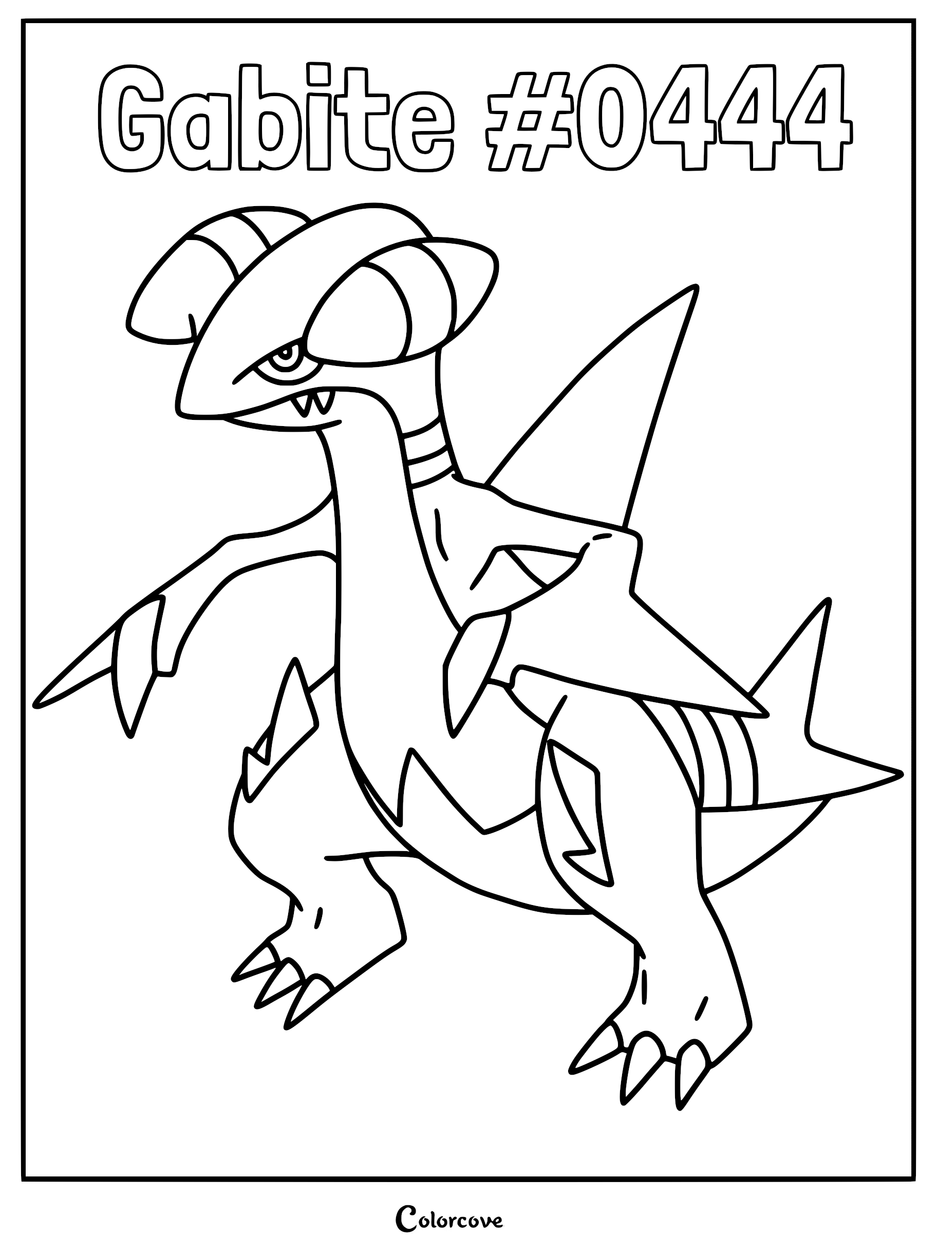 Gabite standing in a dynamic pose, featuring its signature head fins and sharp claws on a printable coloring page.