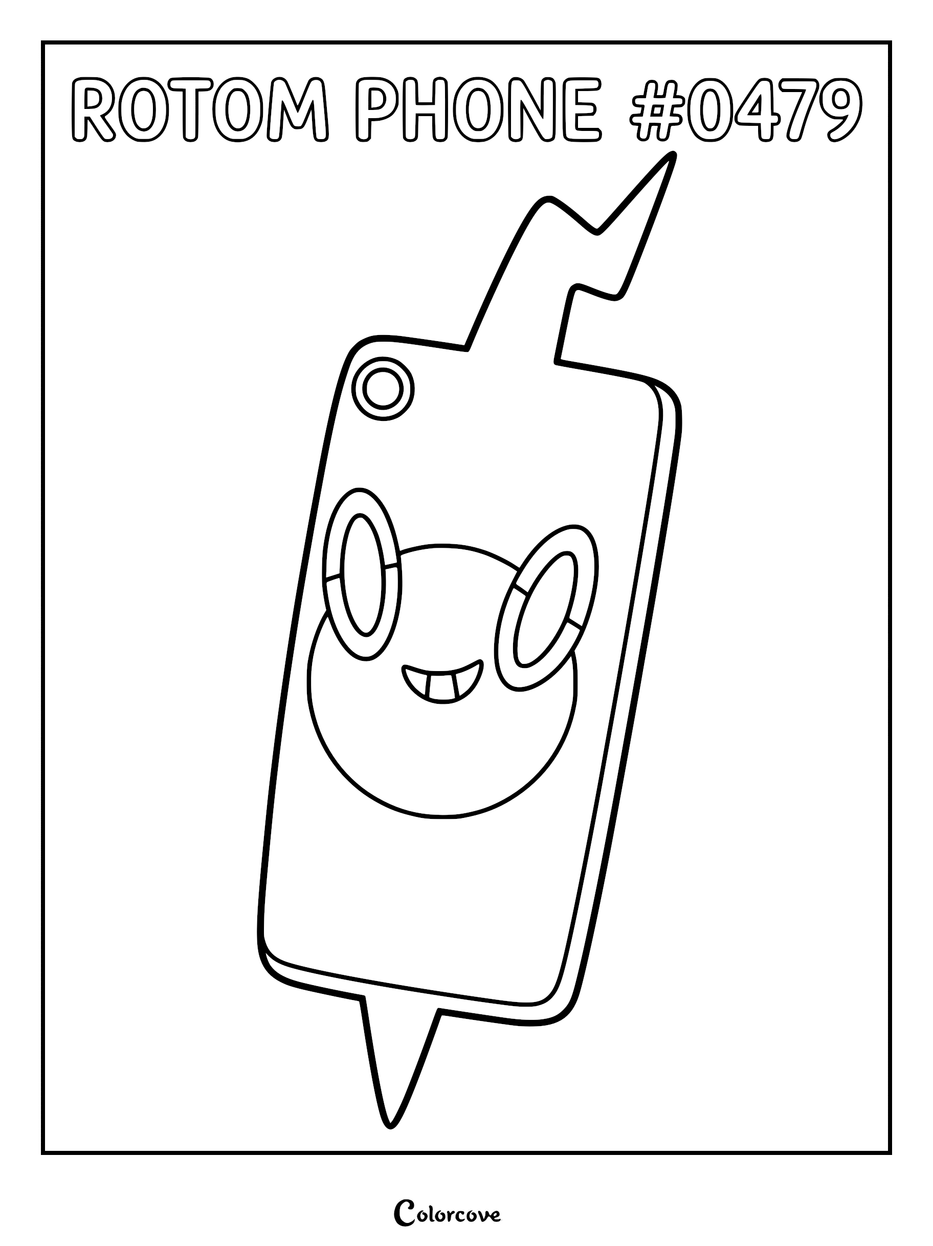A printable coloring page featuring the Rotom Phone with its signature lightning bolt antenna and smiling face.