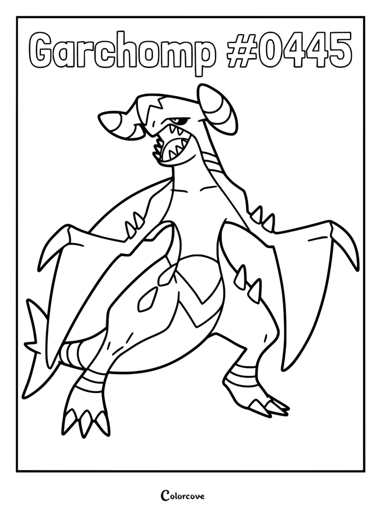 A detailed Garchomp coloring page featuring the Sinnoh region dragon type with its signature shark-like head and wing-blades.