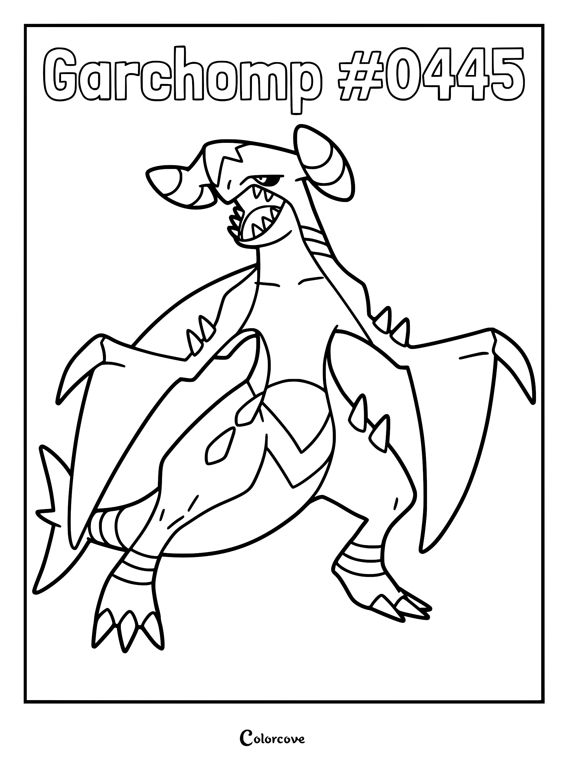 A detailed Garchomp coloring page featuring the Sinnoh region dragon type with its signature shark-like head and wing-blades.