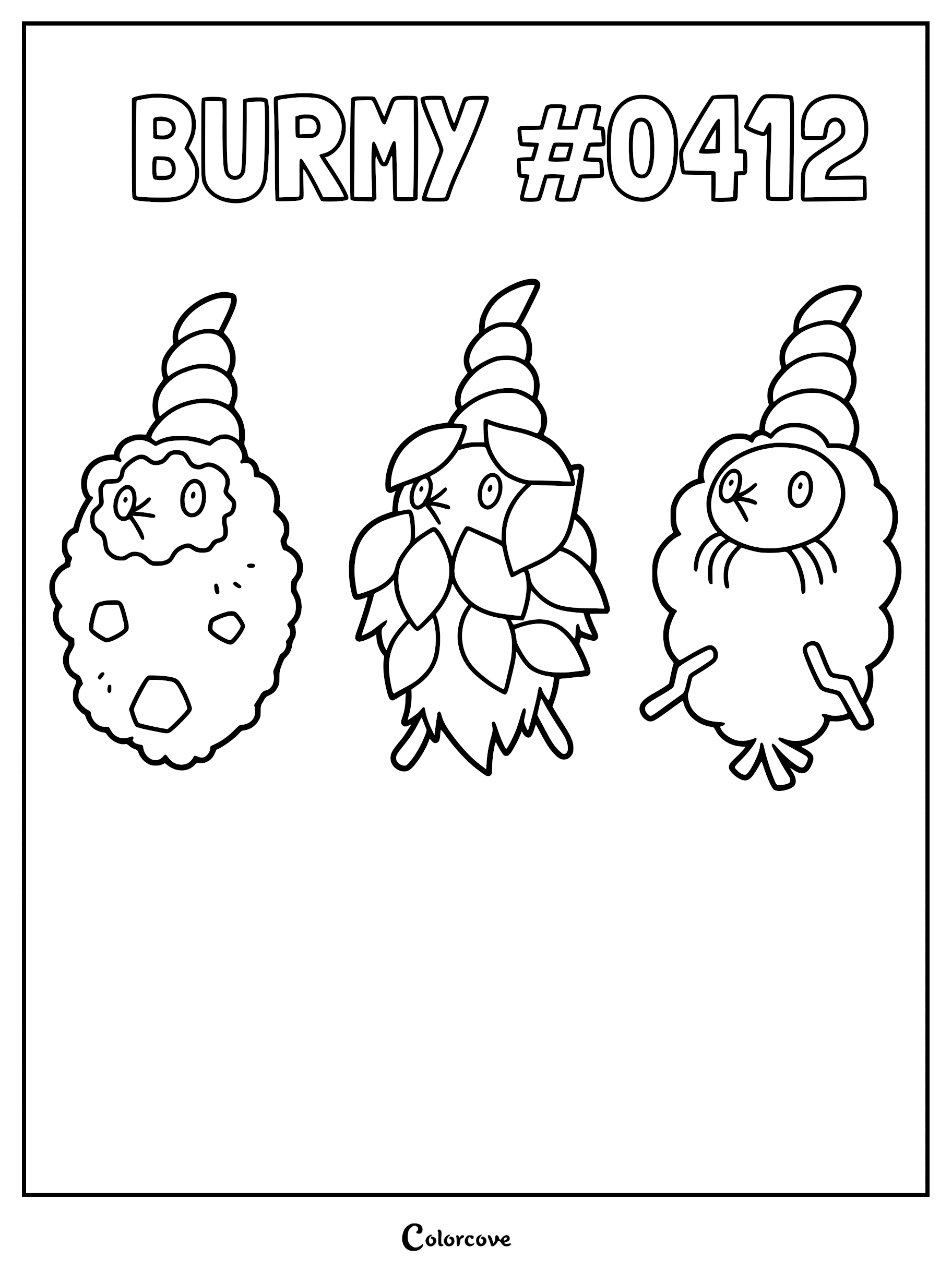 Three Burmy forms featuring plant, sandy, and trash cloaks on a printable coloring page.