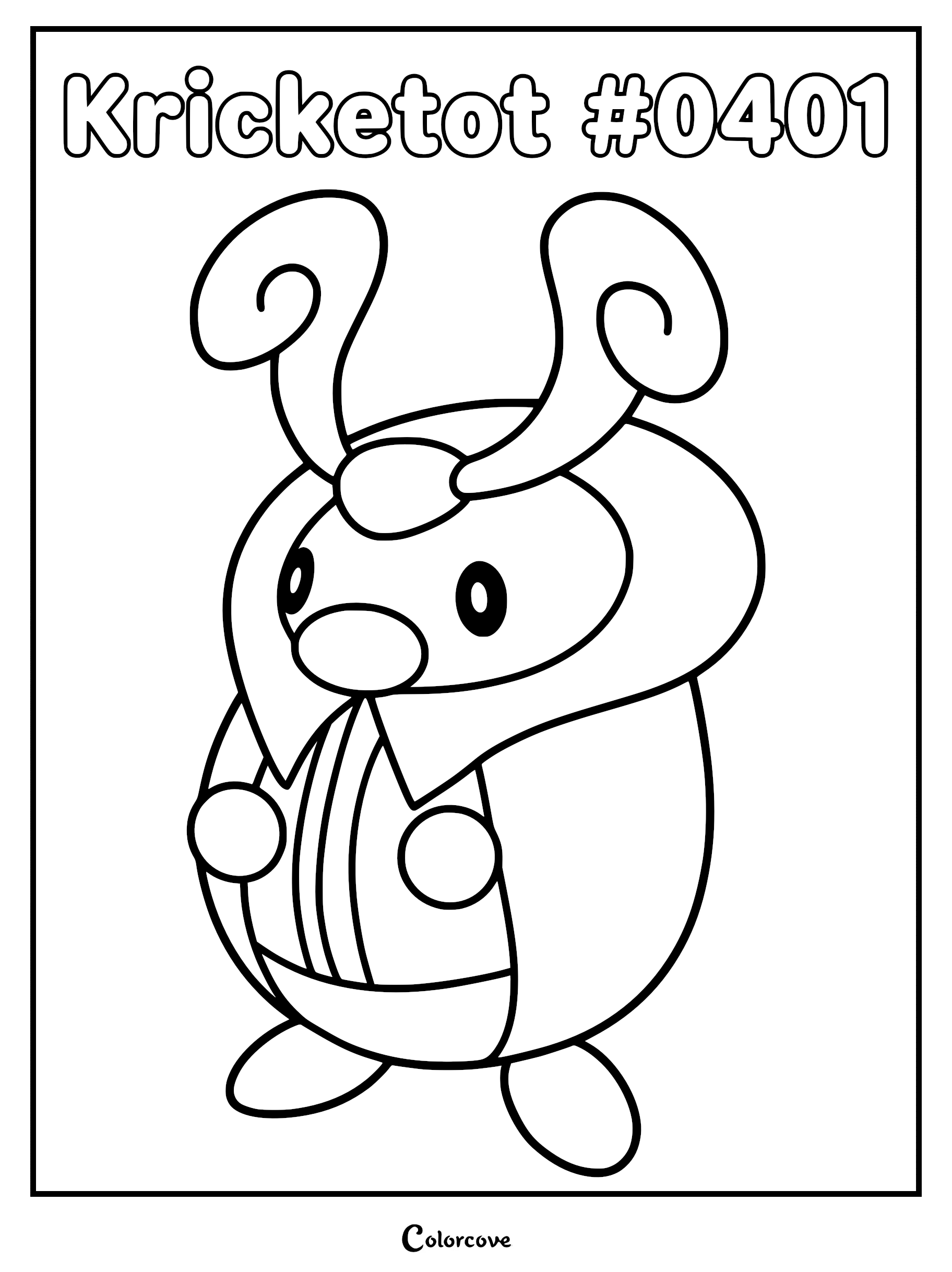 Kricketot #0401 standing upright with large curled antennae in a simple line art coloring page.