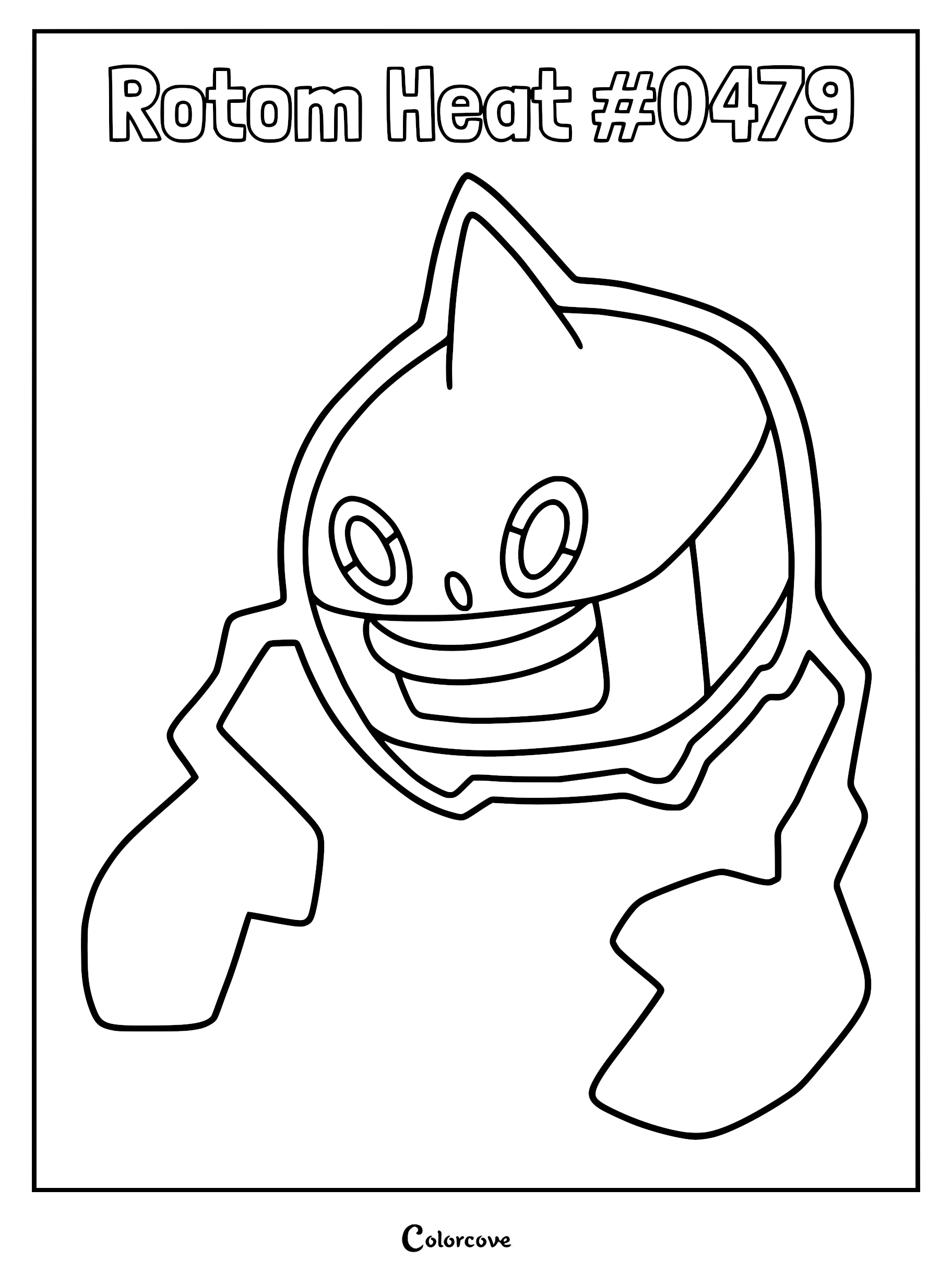 Rotom Heat #0479 in its oven form, a detailed line art coloring page featuring the electric-fire type Pokemon.