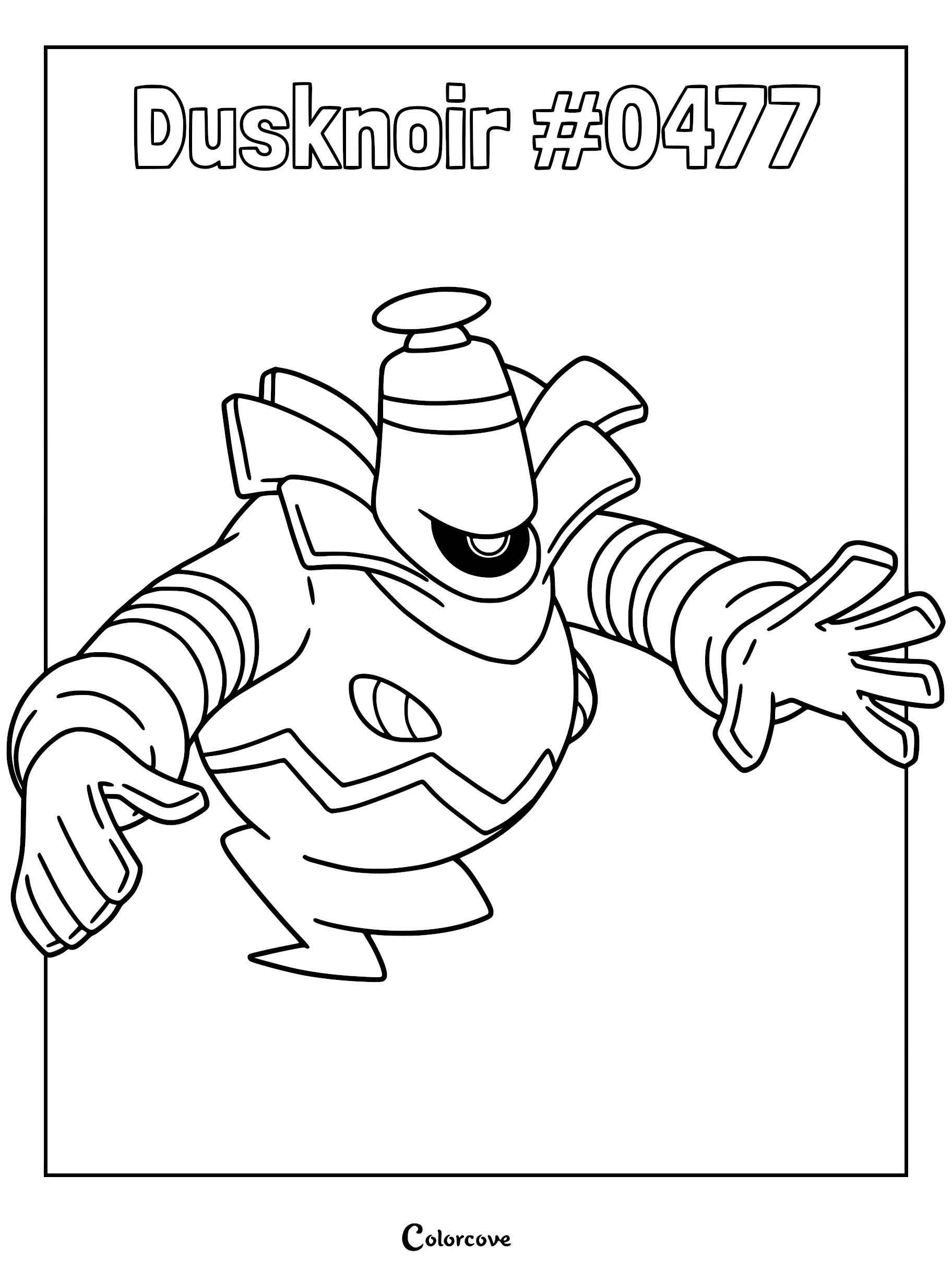Dusknoir #0477 with its signature antenna and wide reaching arms in a printable coloring page format.
