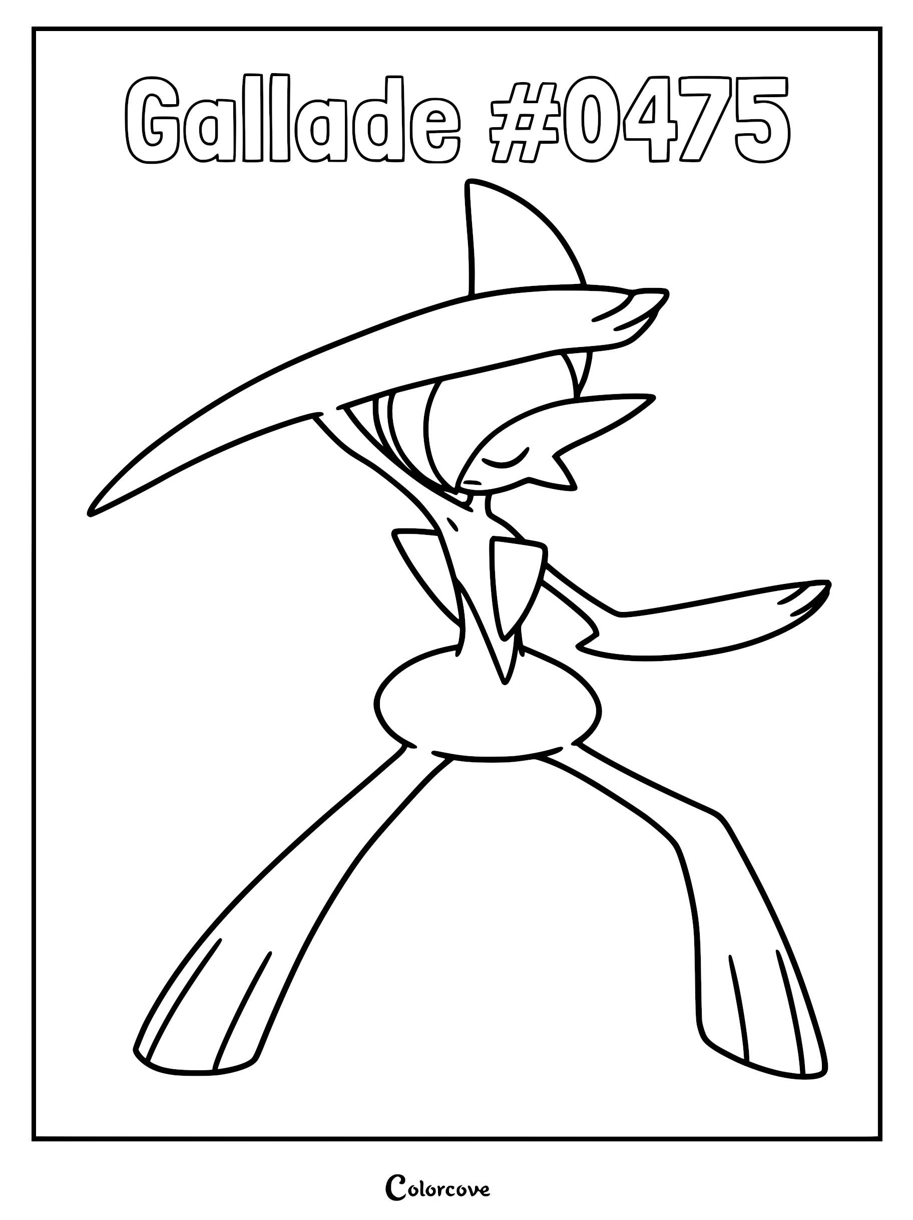 Gallade #0475 in a dynamic battle stance, line art coloring page featuring the Sinnoh region Pokemon with its signature blade-like arms.