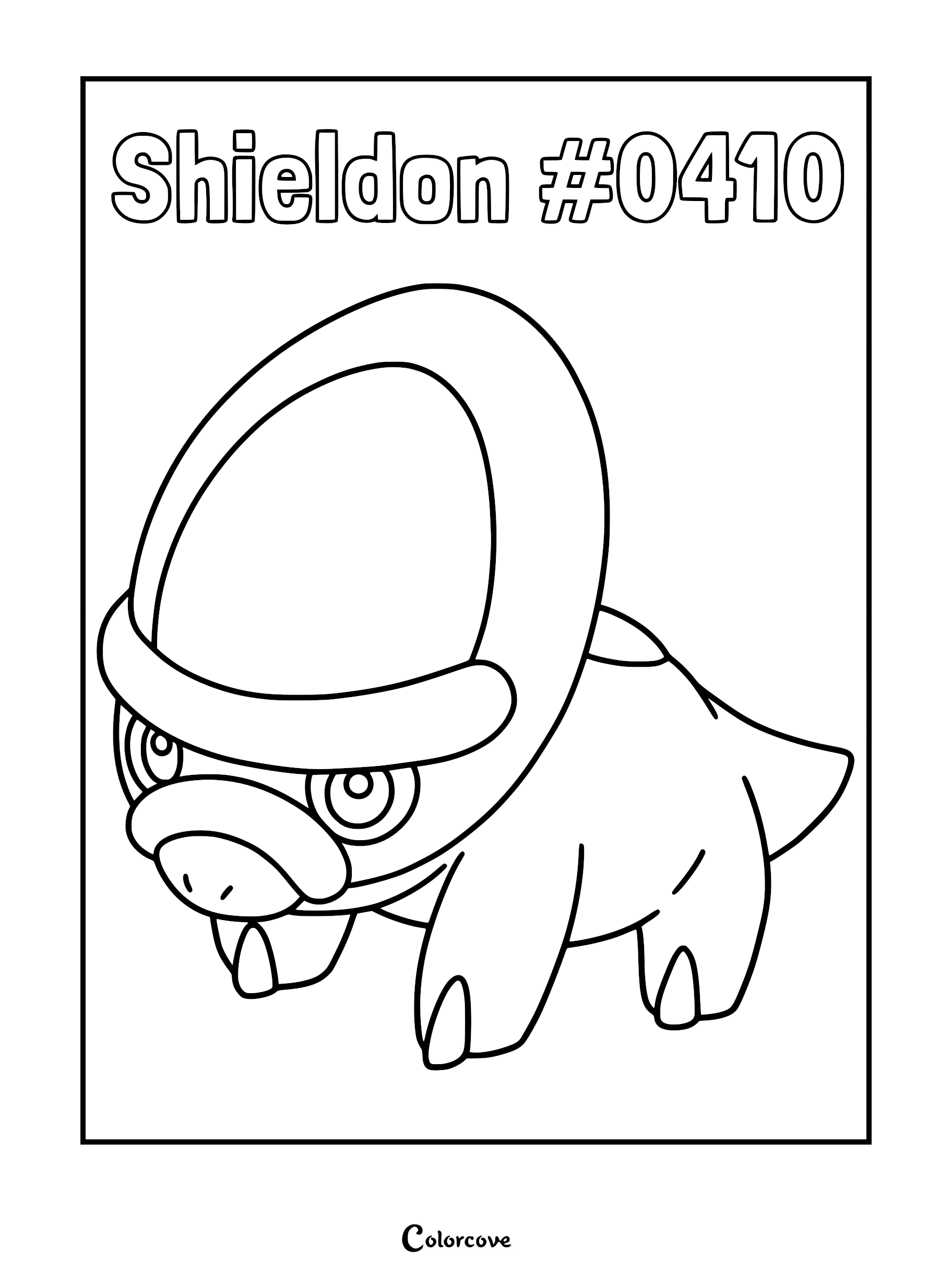Shieldon #0410 Pokemon Sinnoh coloring page featuring the shield-faced creature standing in a simple line art style.