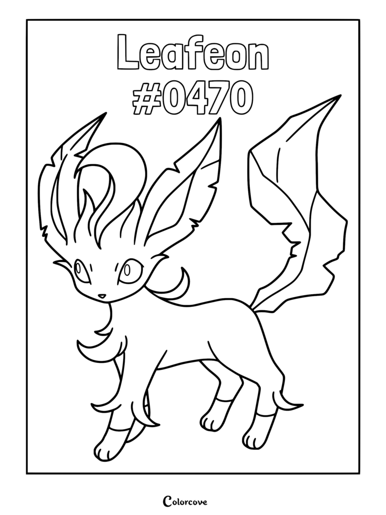 Leafeon Pokemon #0470 standing in a classic pose on a printable coloring page