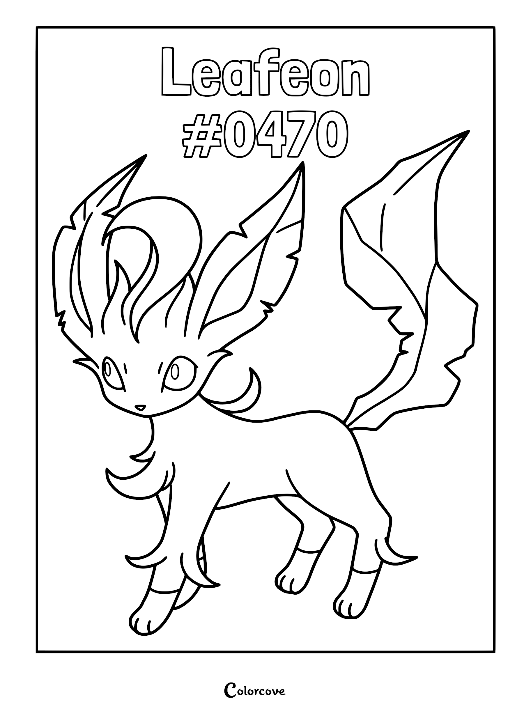 Leafeon Pokemon #0470 standing in a classic pose on a printable coloring page