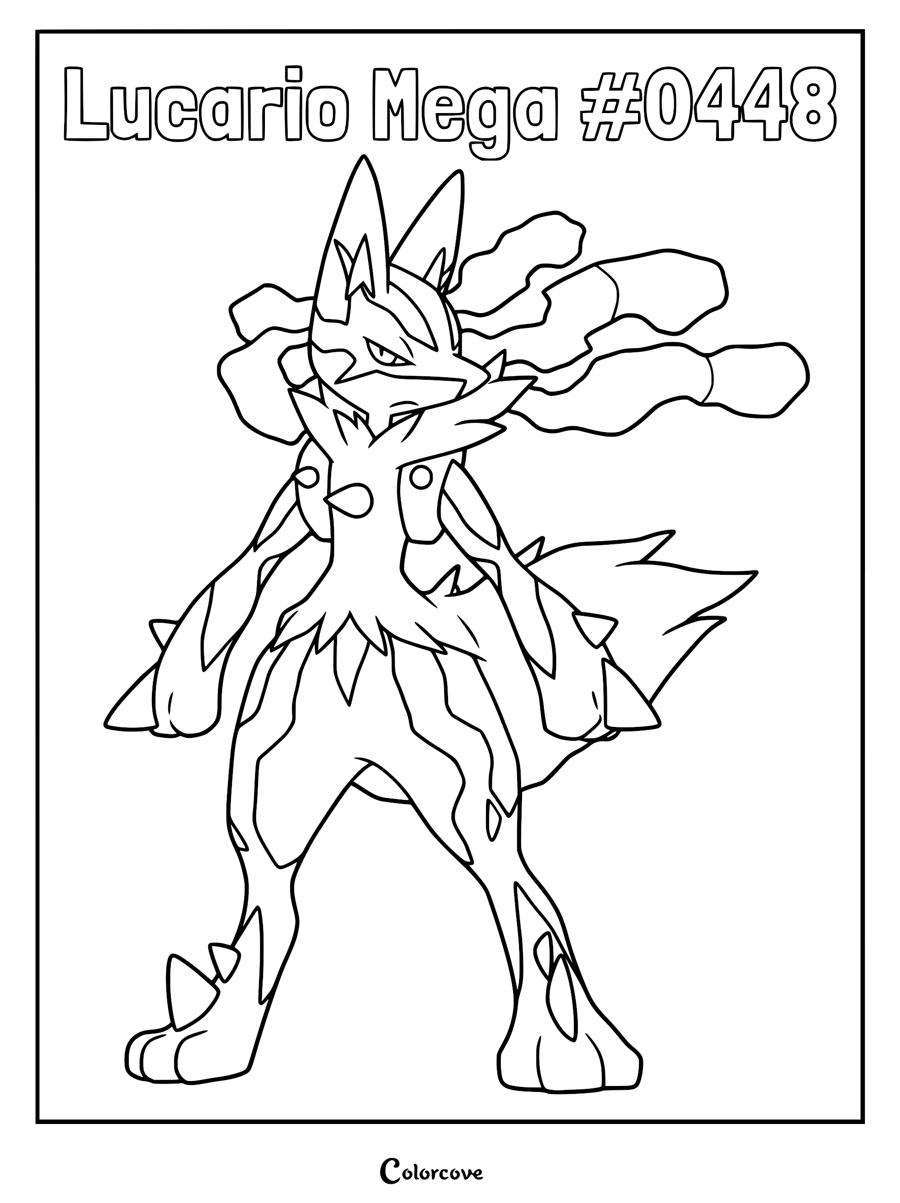 Mega Lucario with flowing dreadlocks and spikes on its paws in a detailed coloring page.