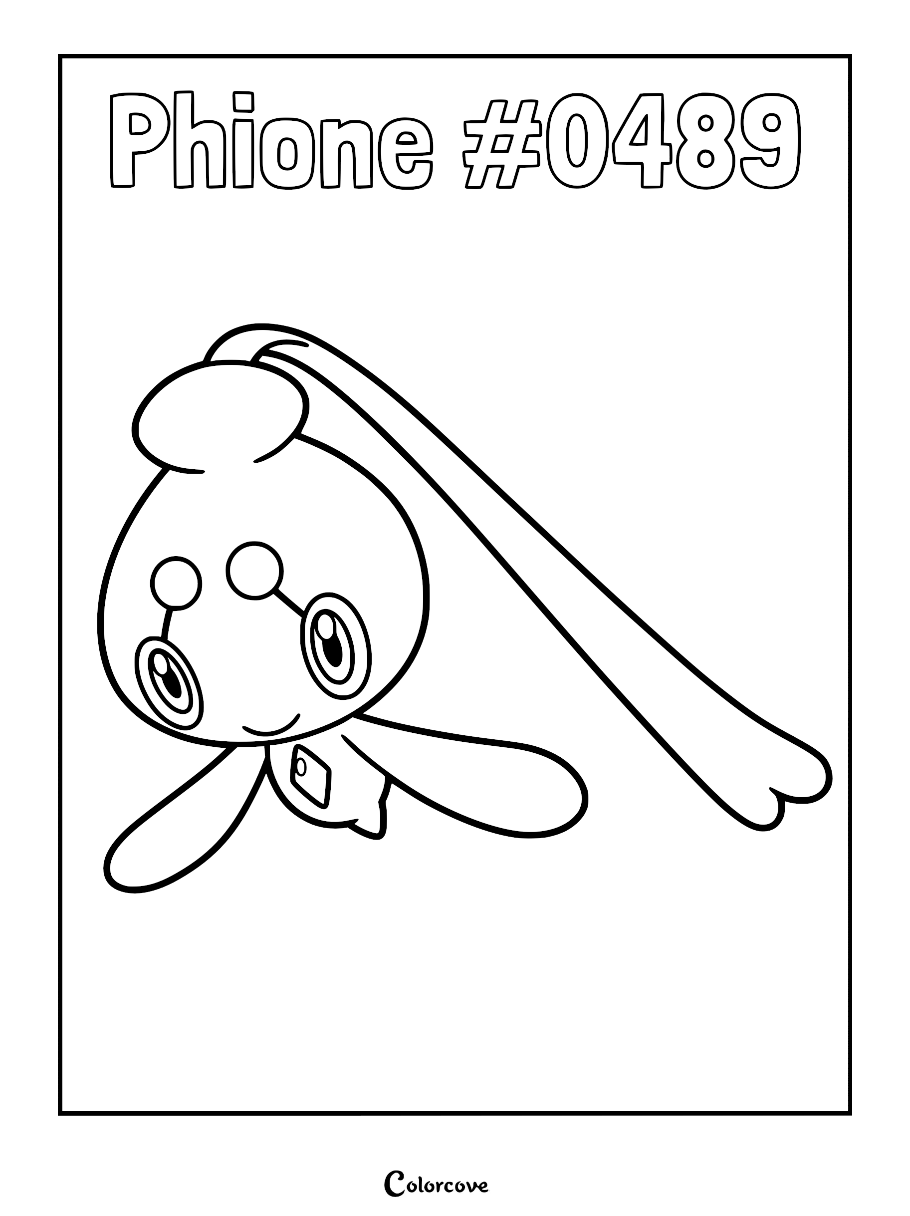 A printable coloring page featuring the Sinnoh Pokemon Phione with its signature long antenna and teardrop-shaped head.
