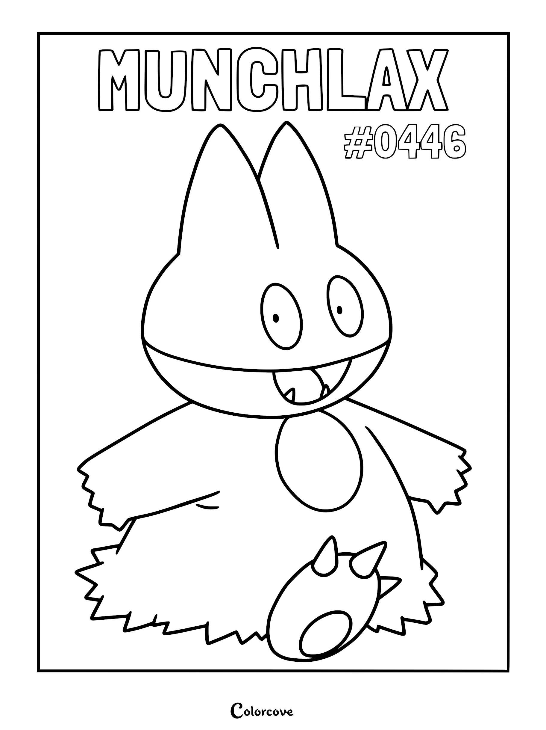 A simple line art coloring page of the Sinnoh Pokemon Munchlax standing with a happy expression.
