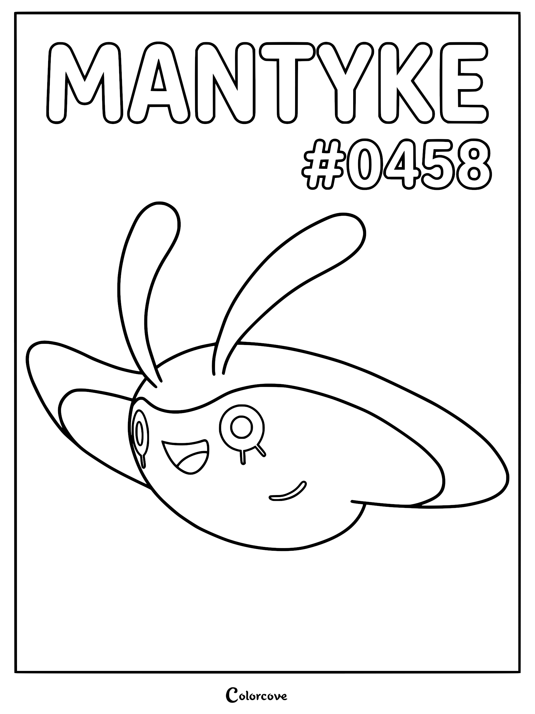 Mantyke Pokemon #0458 line art coloring page featuring the smiling kite-like water creature with two antennae.