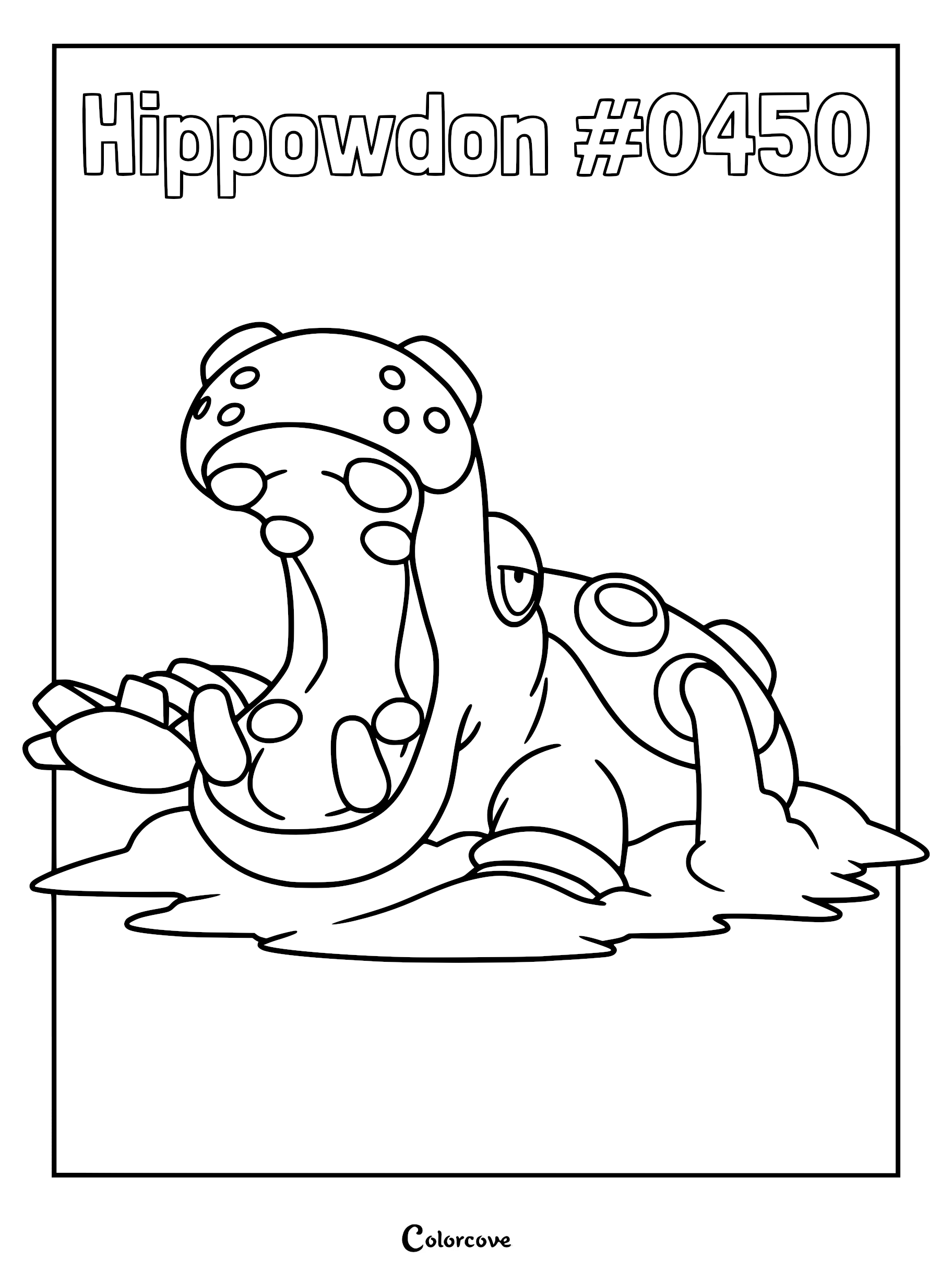 Hippowdon with mouth wide open in a sand pile coloring page