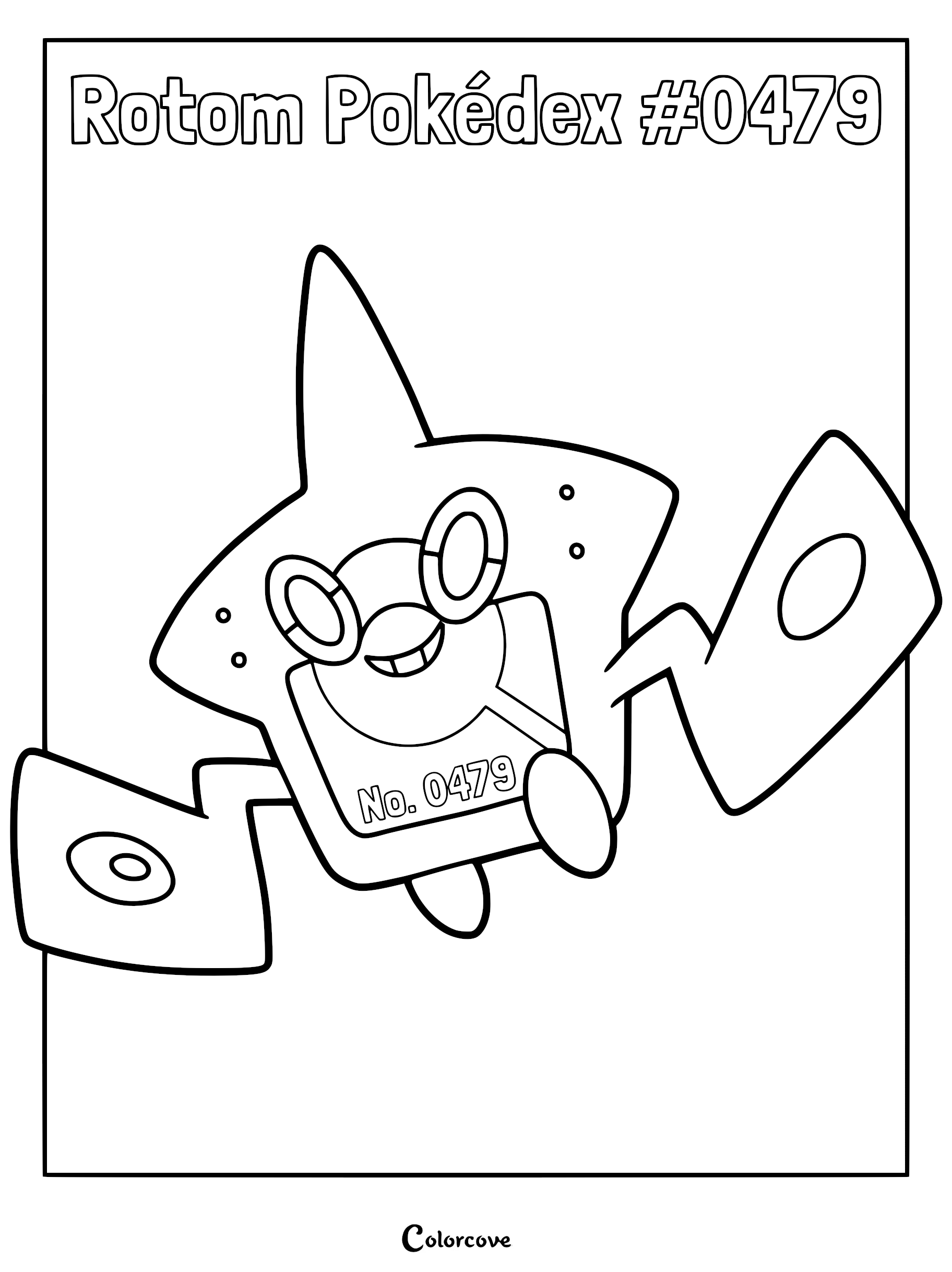 Rotom Pokédex #0479 coloring page featuring the electric ghost type Pokémon with its signature jagged arms and screen display.