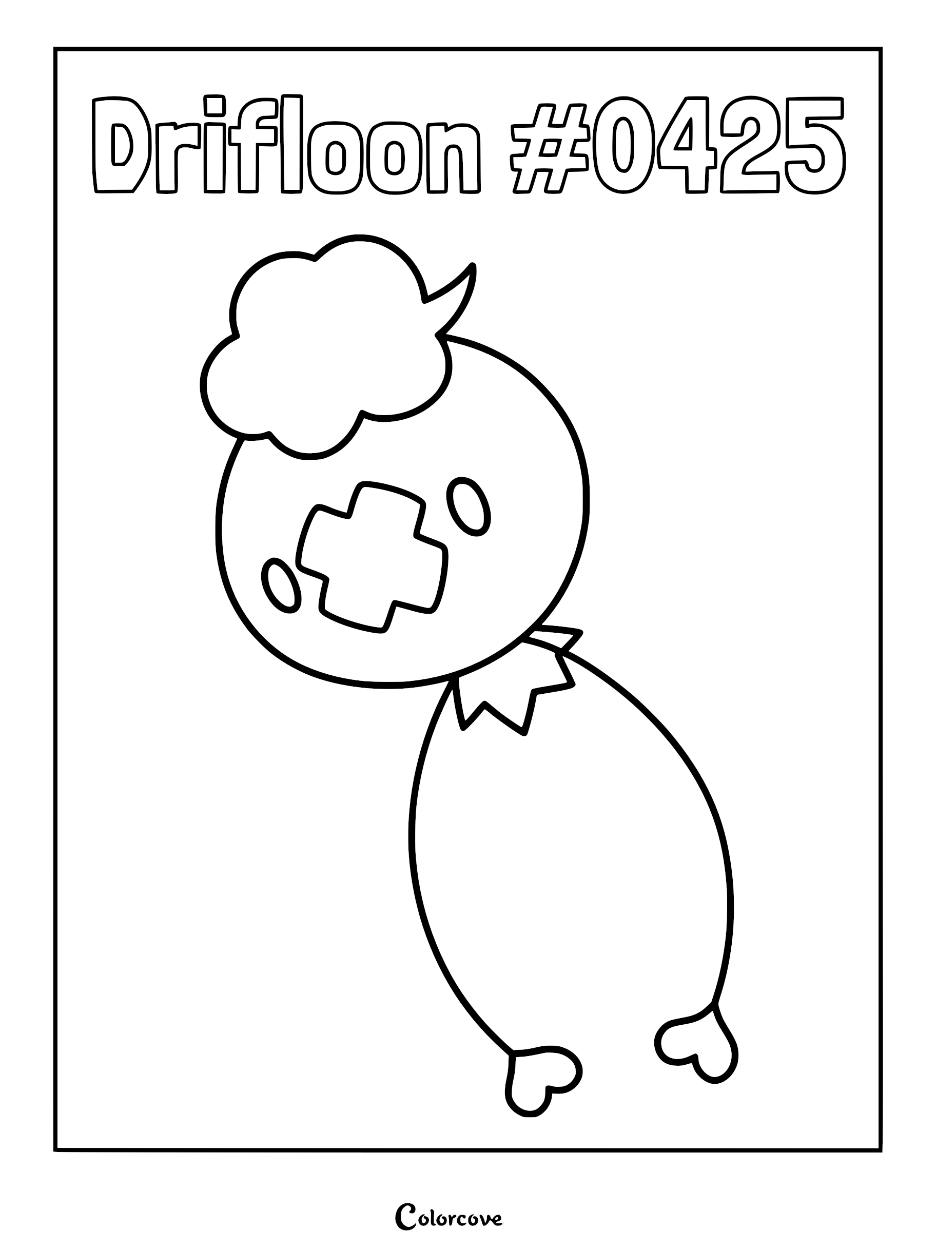 Drifloon #0425 line art coloring page featuring the balloon-like Sinnoh Pokemon with its signature cloud-shaped top and heart-shaped hands.