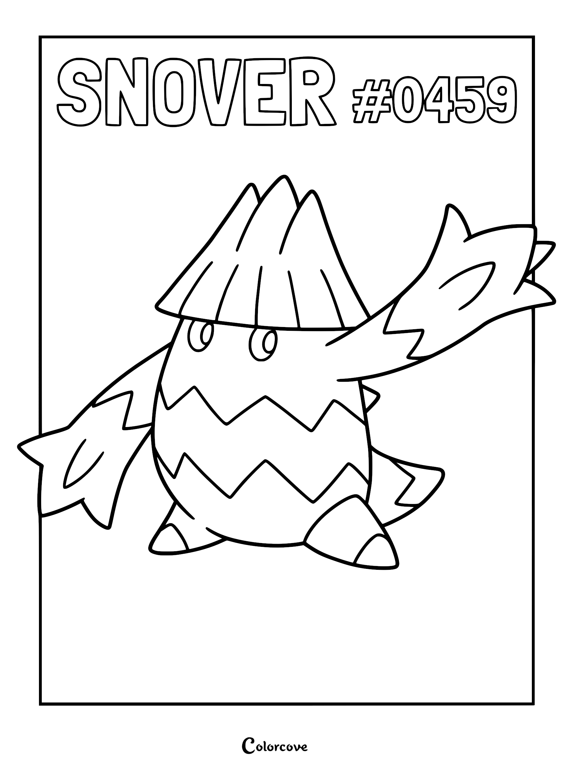 Snover Pokemon #0459 line art coloring page with a pine tree-like head and jagged body markings.
